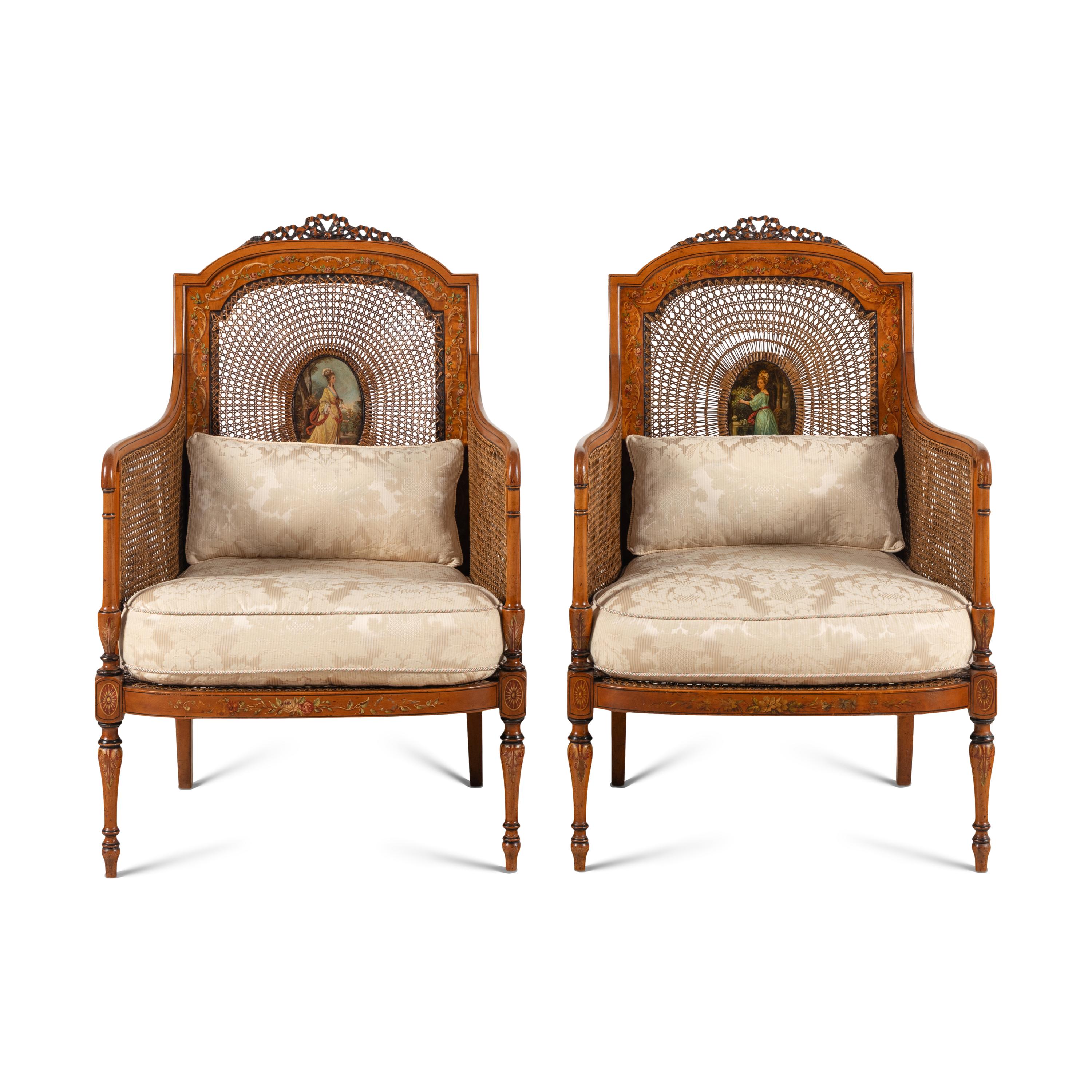 A Pair of Edwardian Satinwood and Polychrome Painted Armchairs