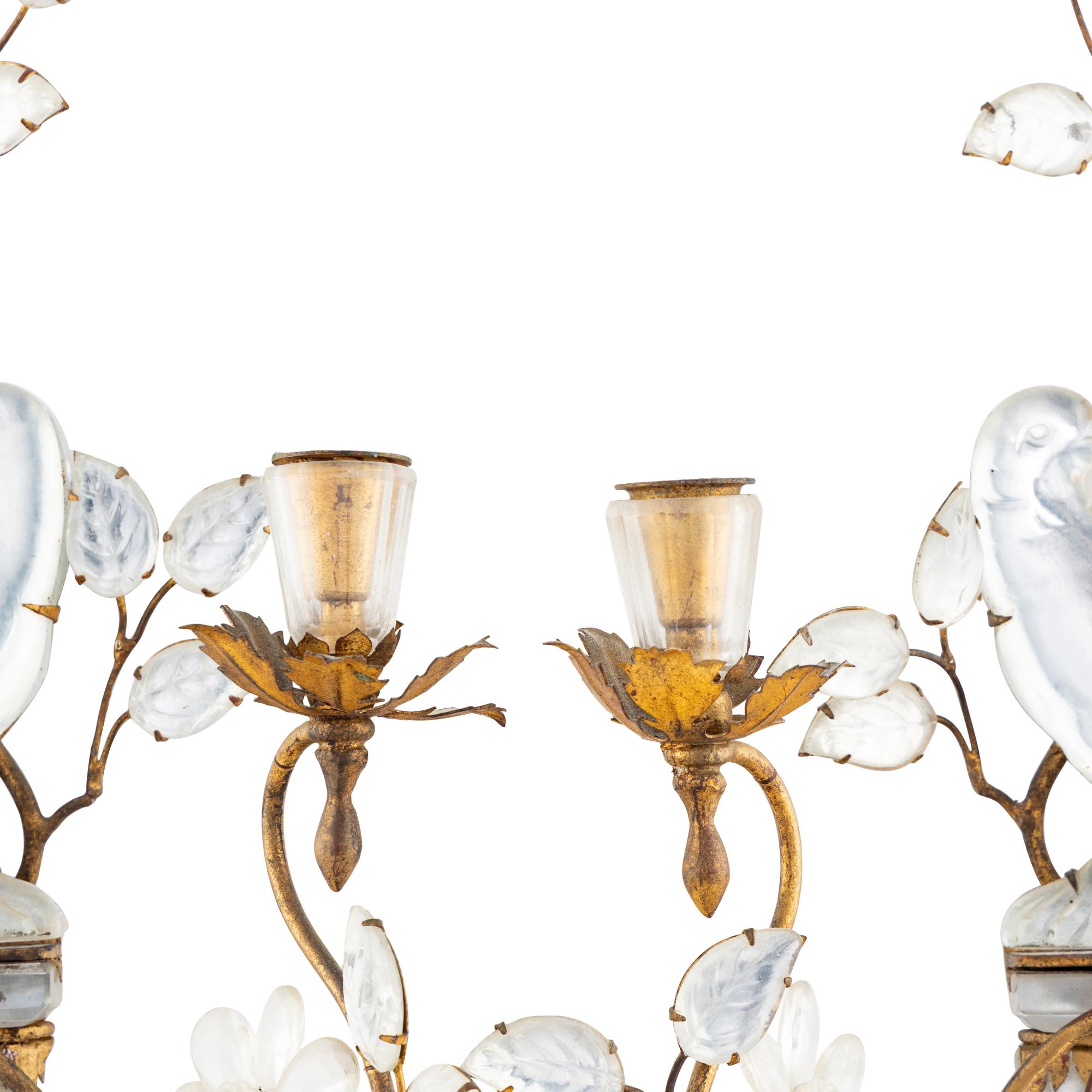 A Pair of Gilt Metal and Rock Crystal Two-Light Sconces
