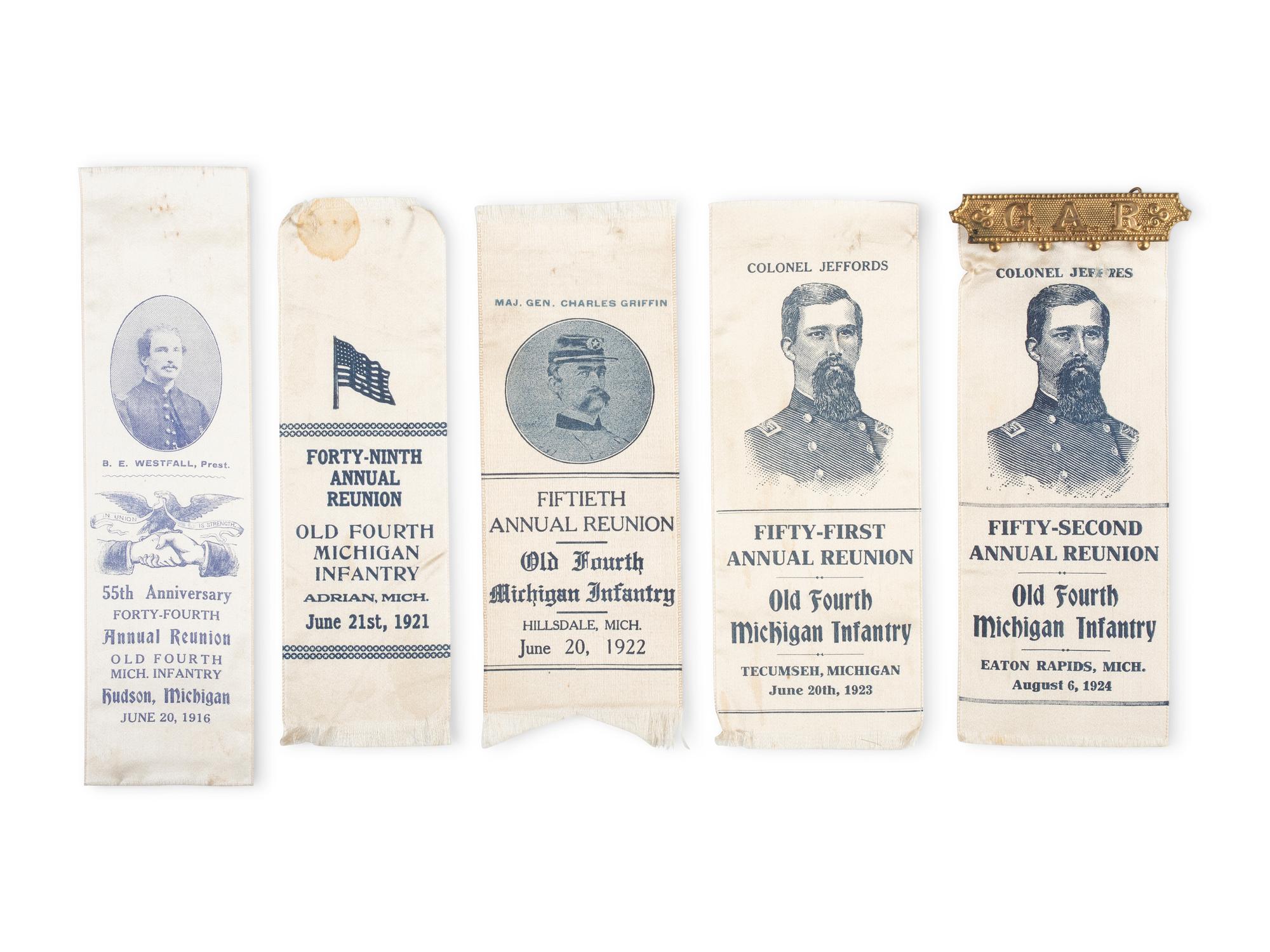Private Jacob H. Perine, Company E, 4th Michigan Infantry, WIA twice at Gettysburg. A collection of items, incl. GAR dress cap, ribbons, and buttons.