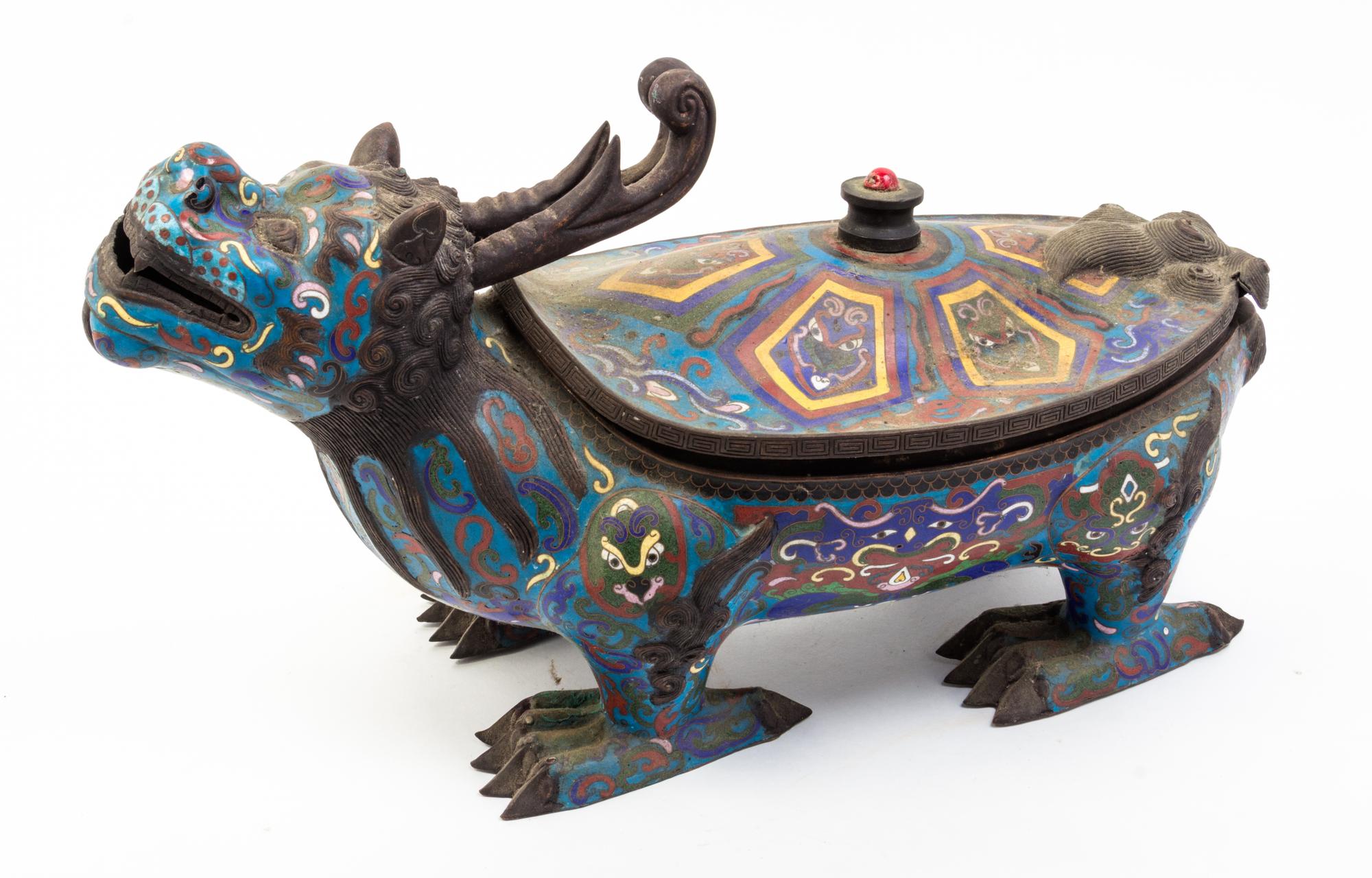 A Large Cloisonne Model of a Mythical Beast Length 21 1/2 inches.