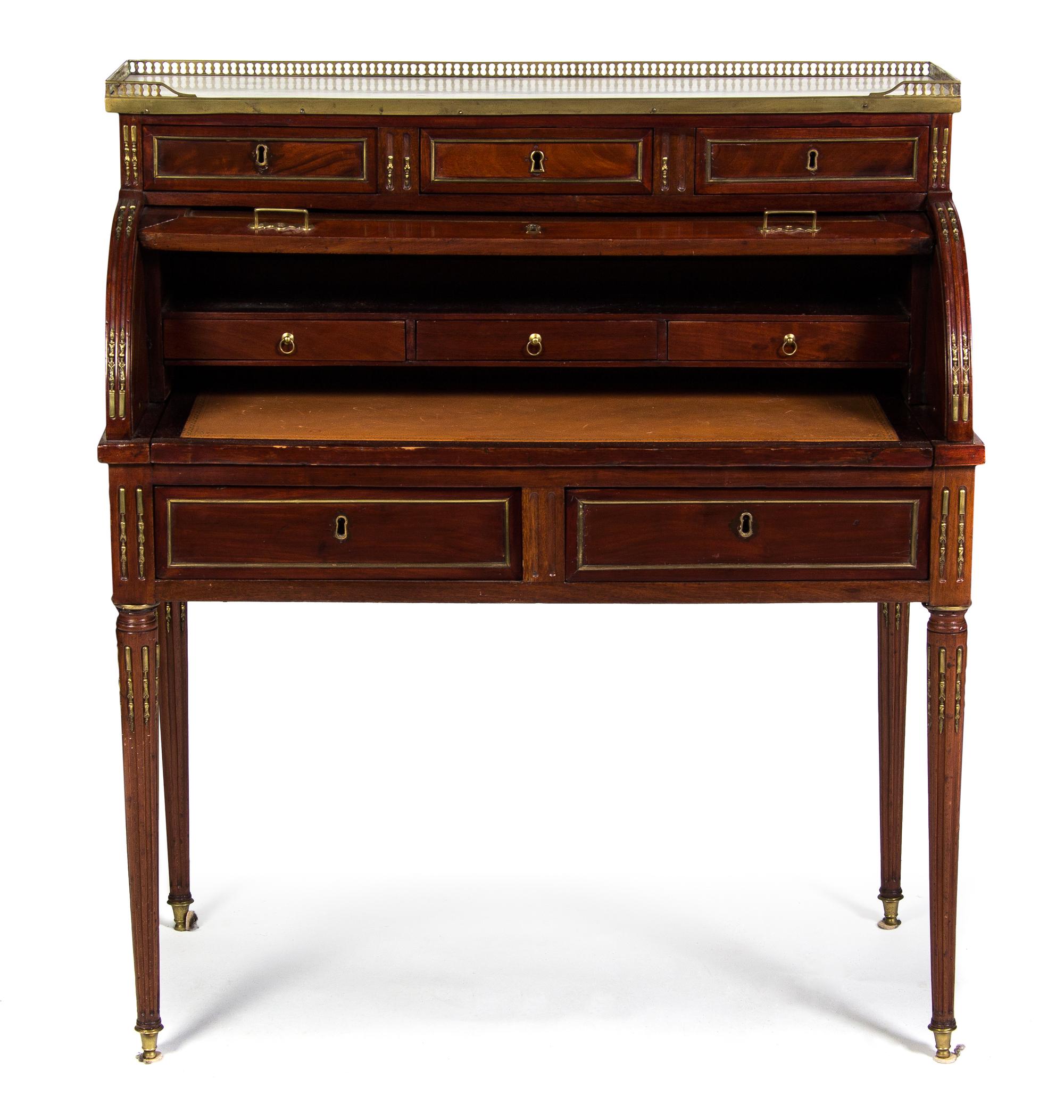 A Directoire Mahogany Bureau a Cylindre, Height 43 1/8 x width 38 x depth 19 1/4 inches.