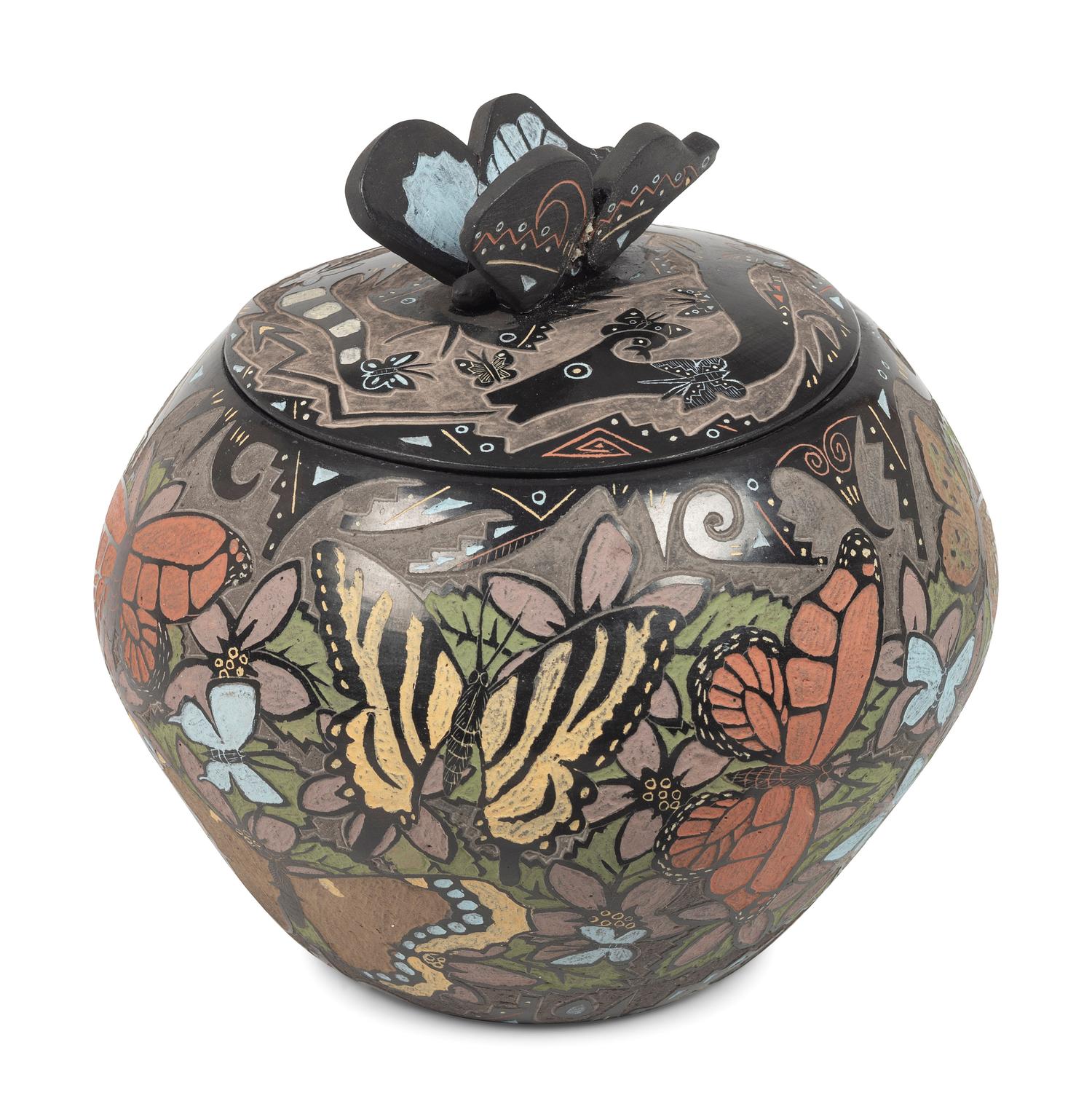 Lidded Polychrome Pottery Jar, with Sgraffito Decoration