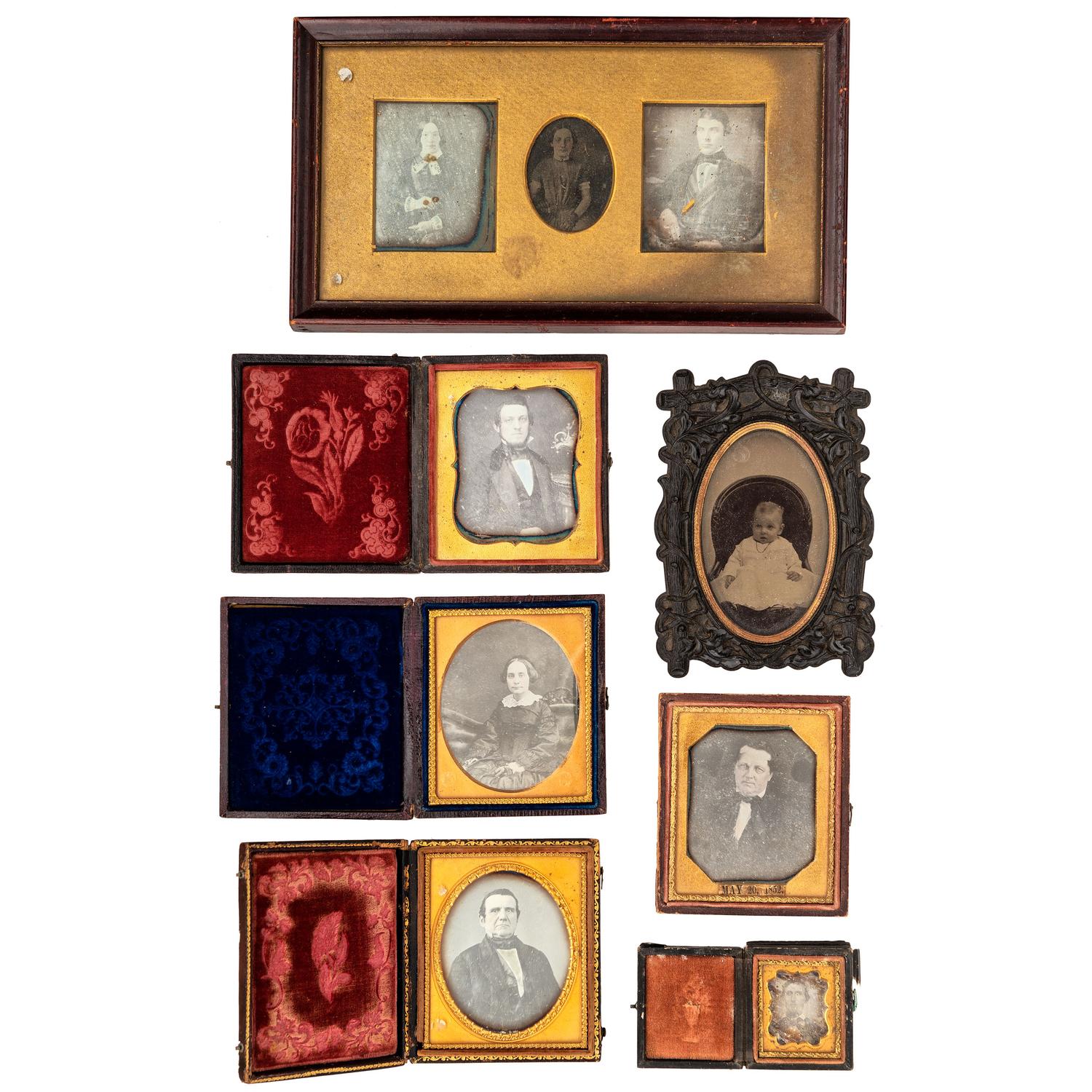 [EARLY PHOTOGRAPHY - PORTRAITURE]. Large collection of daguerreotype, ambrotype, and tintype portraits of men, women, and children, including: