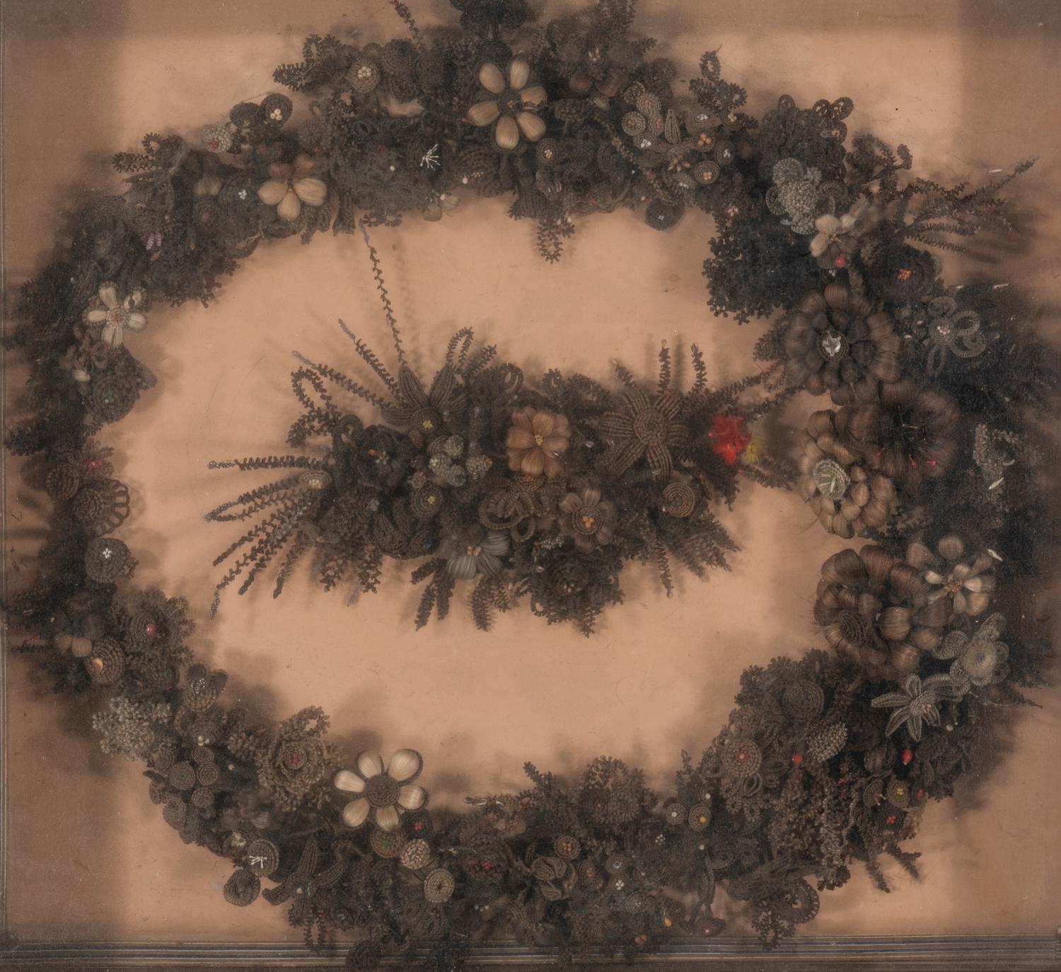 A Large Framed Victorian Hairwork Wreath