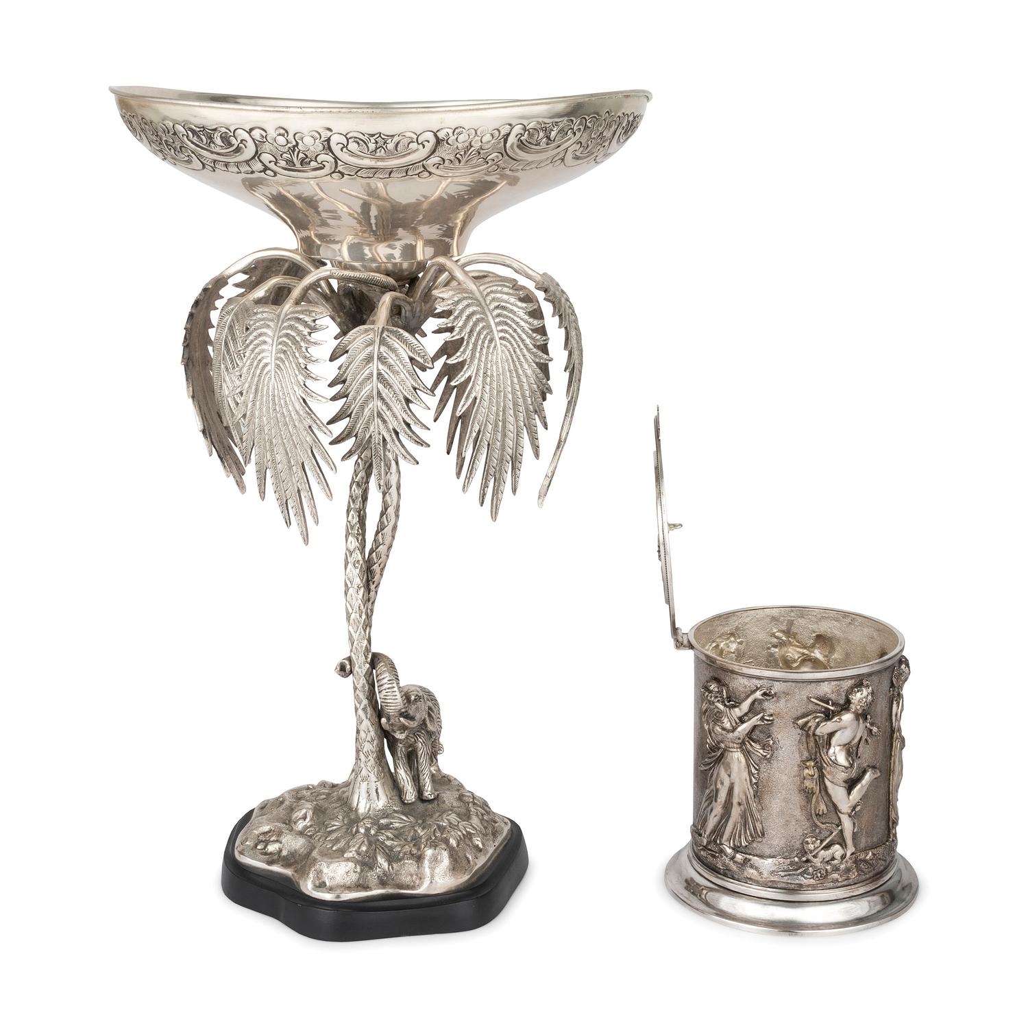 A Silverplated Compote with Elephant and Palms