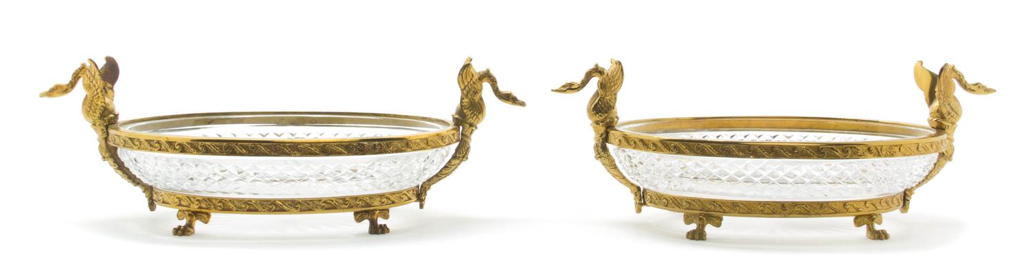 A Pair of Empire Style Gilt Bronze Mounted Cut Glass Bowls, Width 13 1/2 inches.