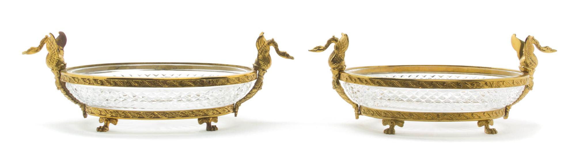 A Pair of Empire Style Gilt Bronze Mounted Cut Glass Bowls, Width 13 1/2 inches.