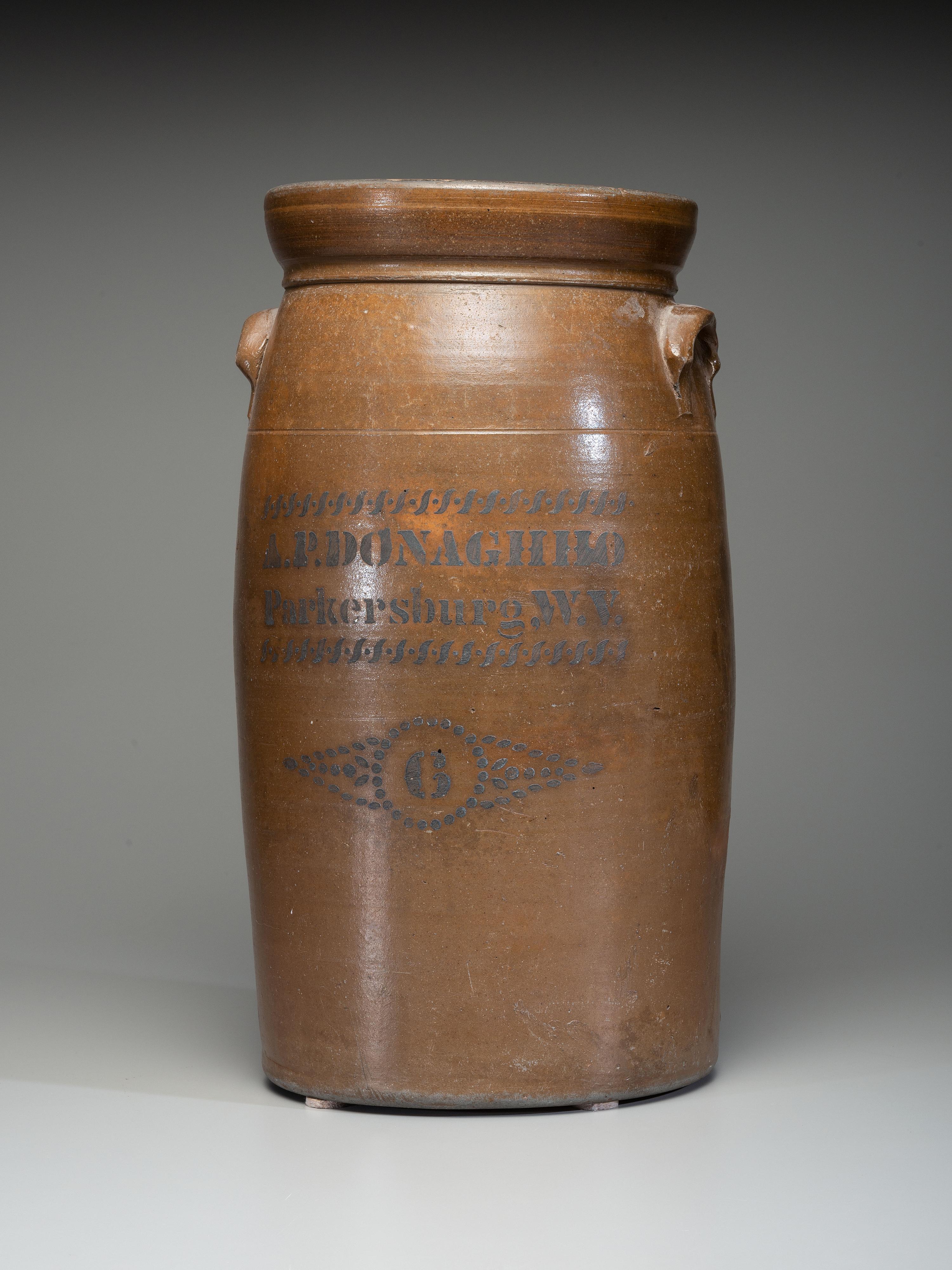 An A.P. Donaghho Six-Gallon Cobalt Decorated Stoneware Churn