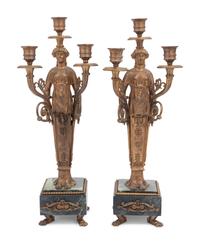A Pair of Gilt Bronze and Marble Figural Three-Light Candelabra