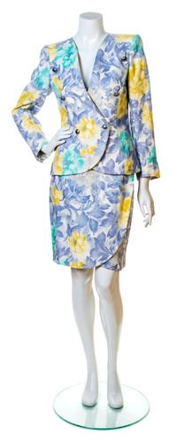 An Emanuel Ungaro Blue Floral Skirt and Jacket Ensemble, Both size 6.