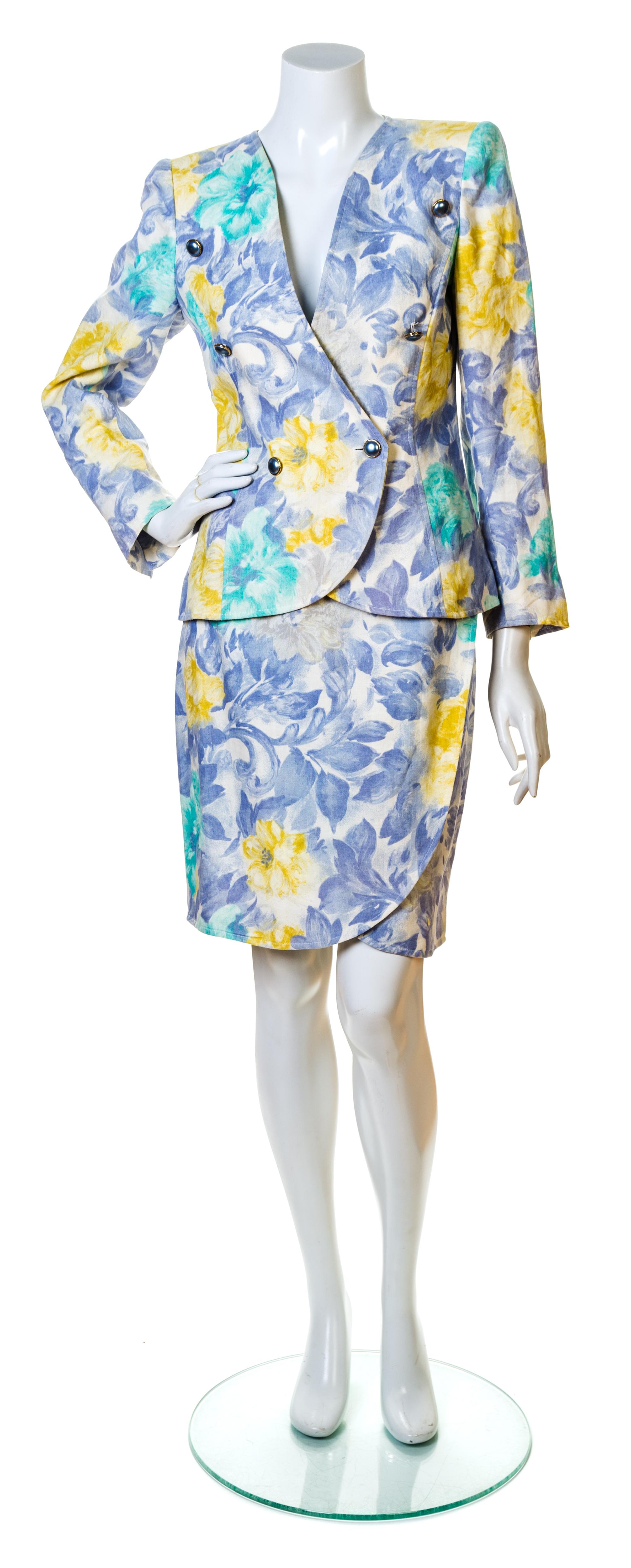 An Emanuel Ungaro Blue Floral Skirt and Jacket Ensemble, Both size 6.