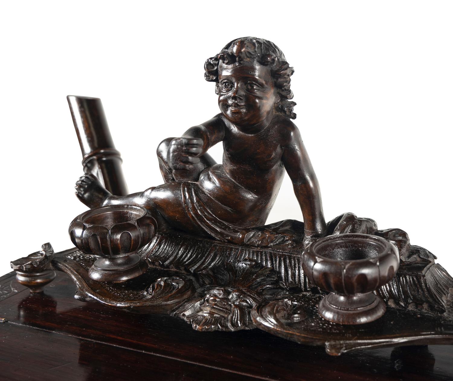 A Venetian Carved Walnut 'Fantasy' Ink Stand, Writing Desk and Bench