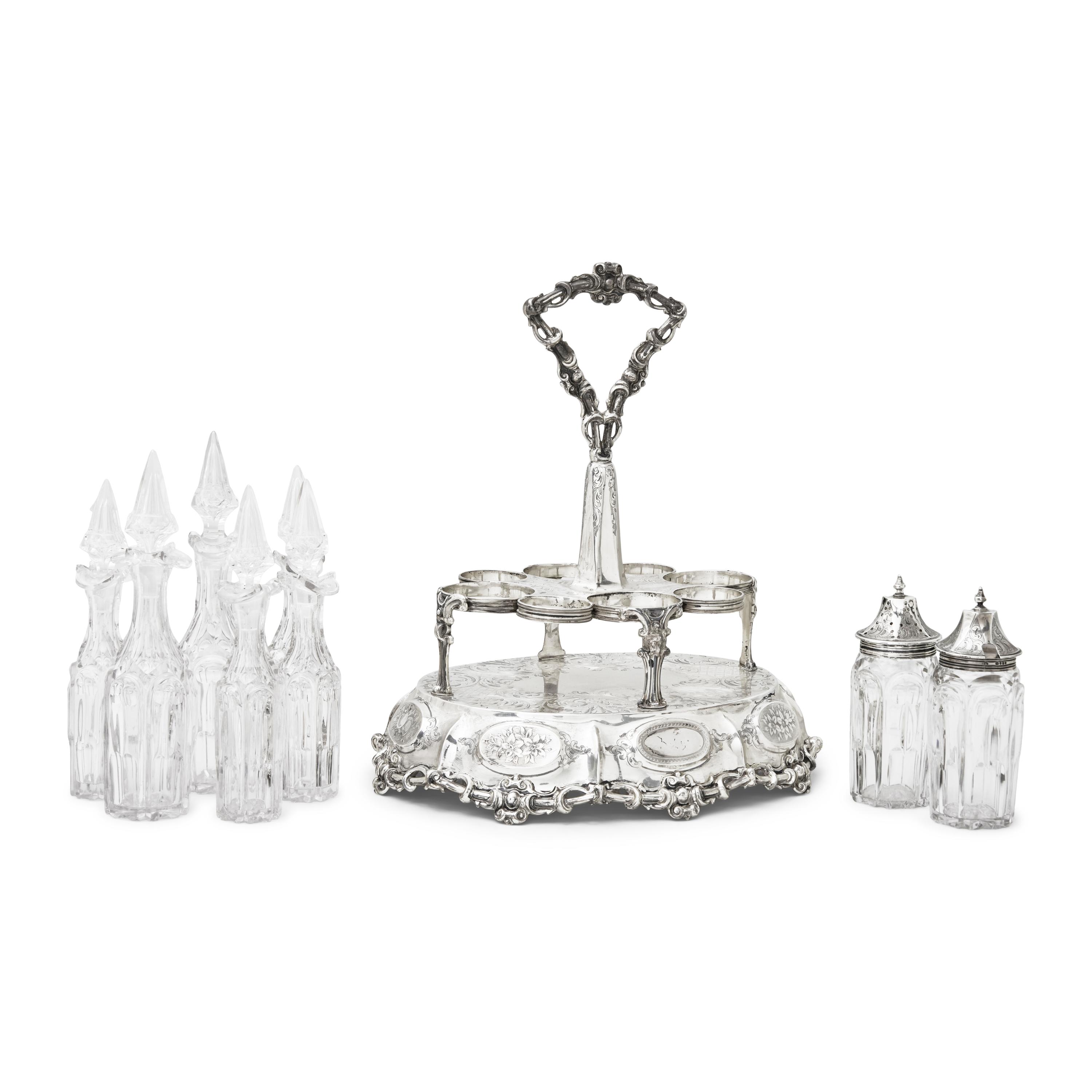 A Large and Impressive Victorian Silver and Cut Glass Cruet Set