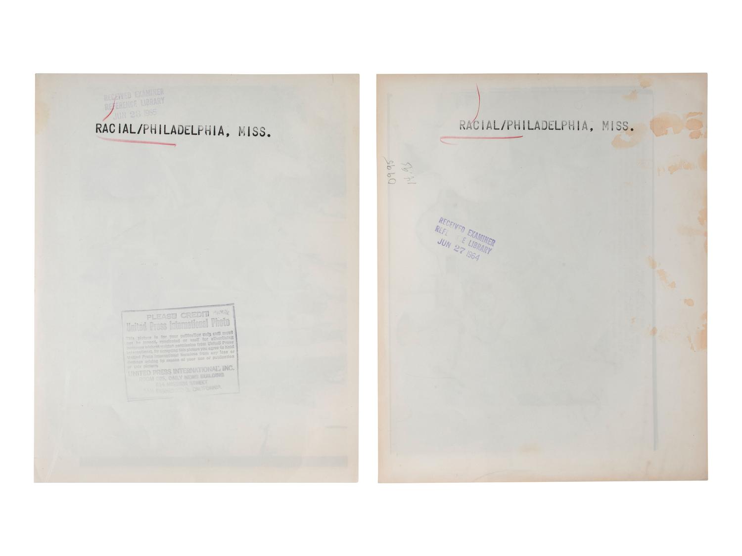 [CIVIL RIGHTS]. A group of 2 press photographs associated with the investigation into the killings of three Civil Rights workers in Mississippi. 1964-1965.
