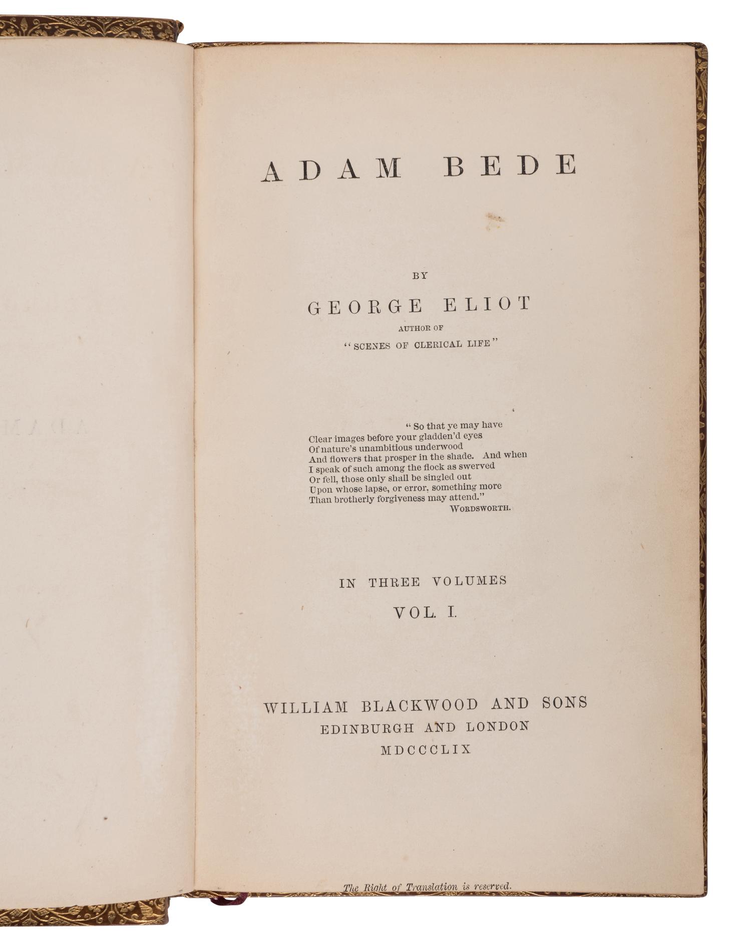 EVANS, Mary Ann ("George Eliot") (1819-1880). Adam Bede. Edinburgh and London: William Blackwood and Sons, 1859.