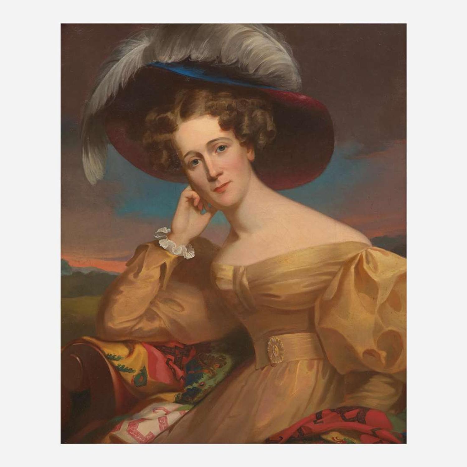 Attributed to Jacob Eichholtz (1776-1842) Portrait of a Fashionable Young Lady Wearing Feathered Hat
