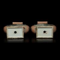 A Pair of Chinese Apricot Ground Famille Rose Porcelain 'Landscape' Vases, 20th Century — 近代 杏子地粉彩開光山水圖瓶一對