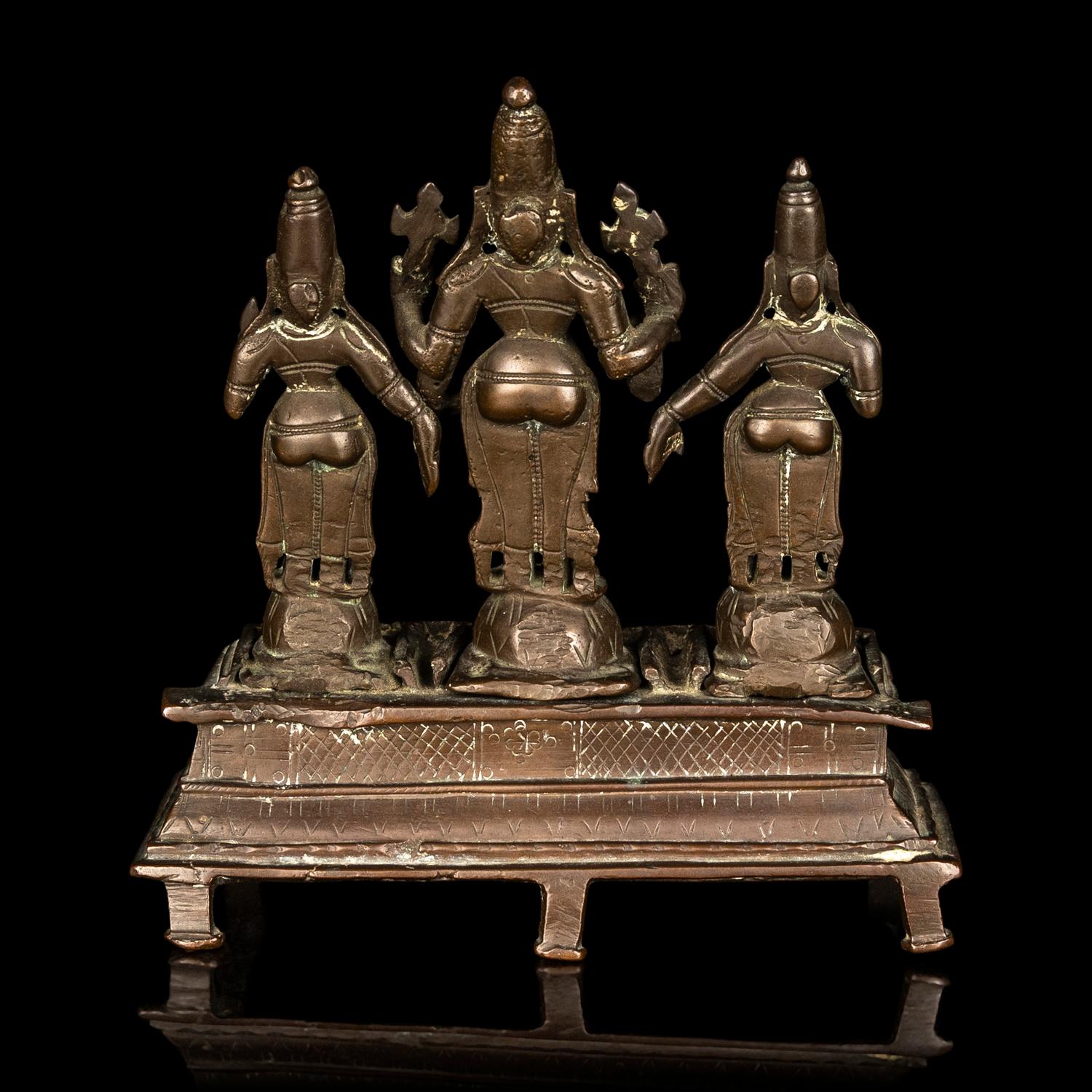An Indian Bronze Statue of Vishnu with Sridevi and Bhudevi