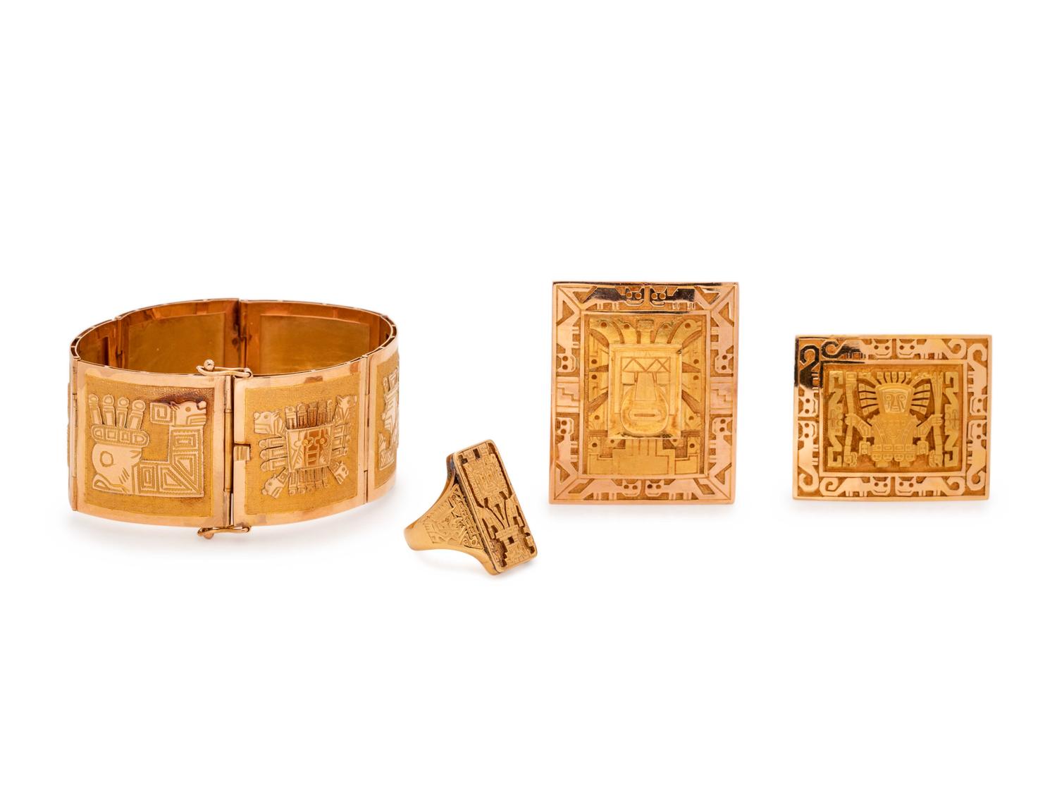 COLLECTION OF YELLOW GOLD PERUVIAN STYLE JEWELRY
