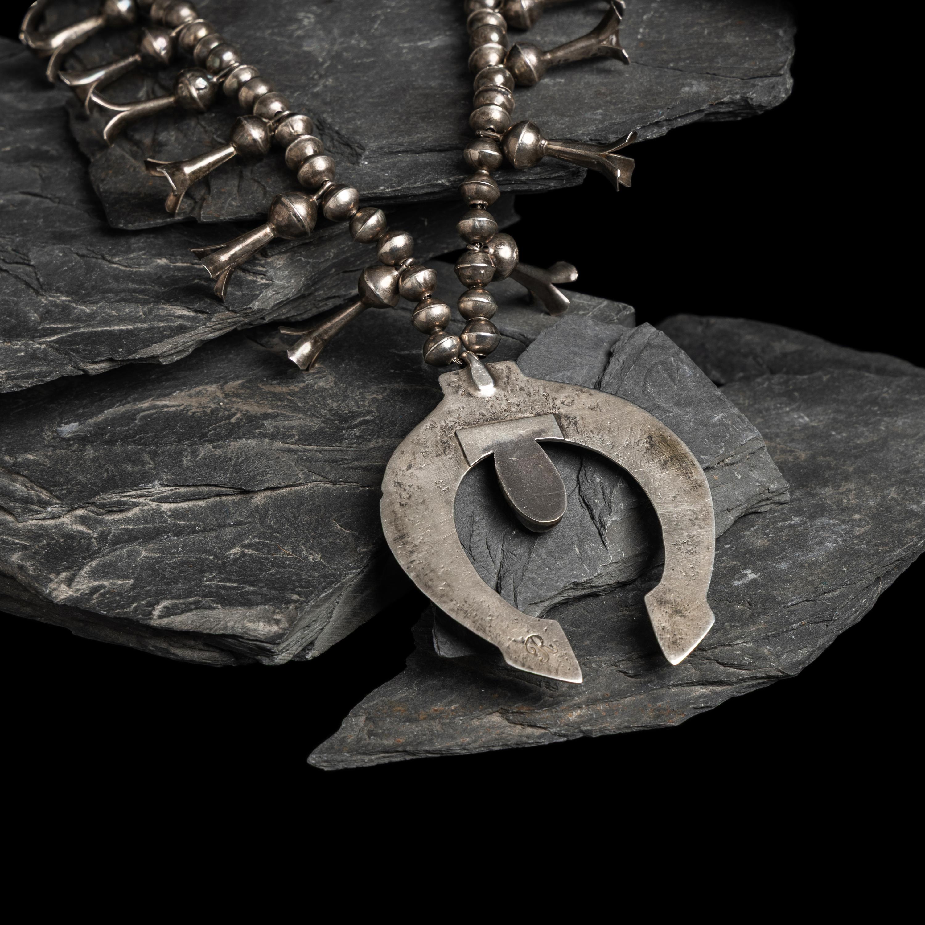 Sadie Randolph (Diné, 20th century) — Silver and Turquoise Squash Blossom Necklace