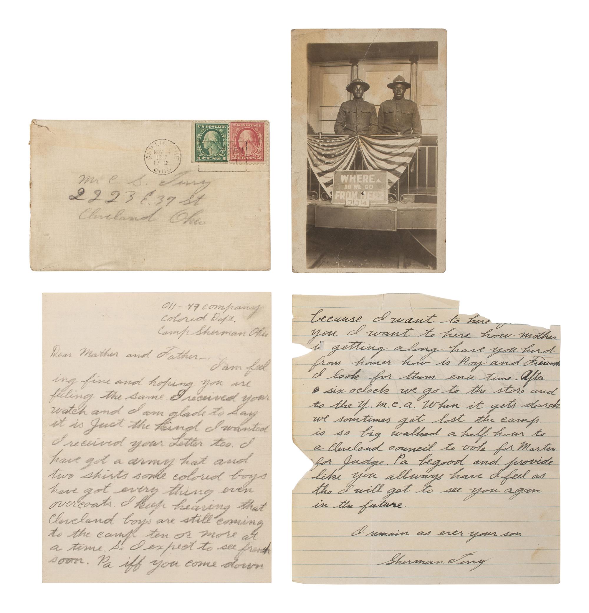 [WORLD WAR I]. A group of 3 items identified to African American Corporal Sherman Terry, incl. correspondence and real photo postcard.