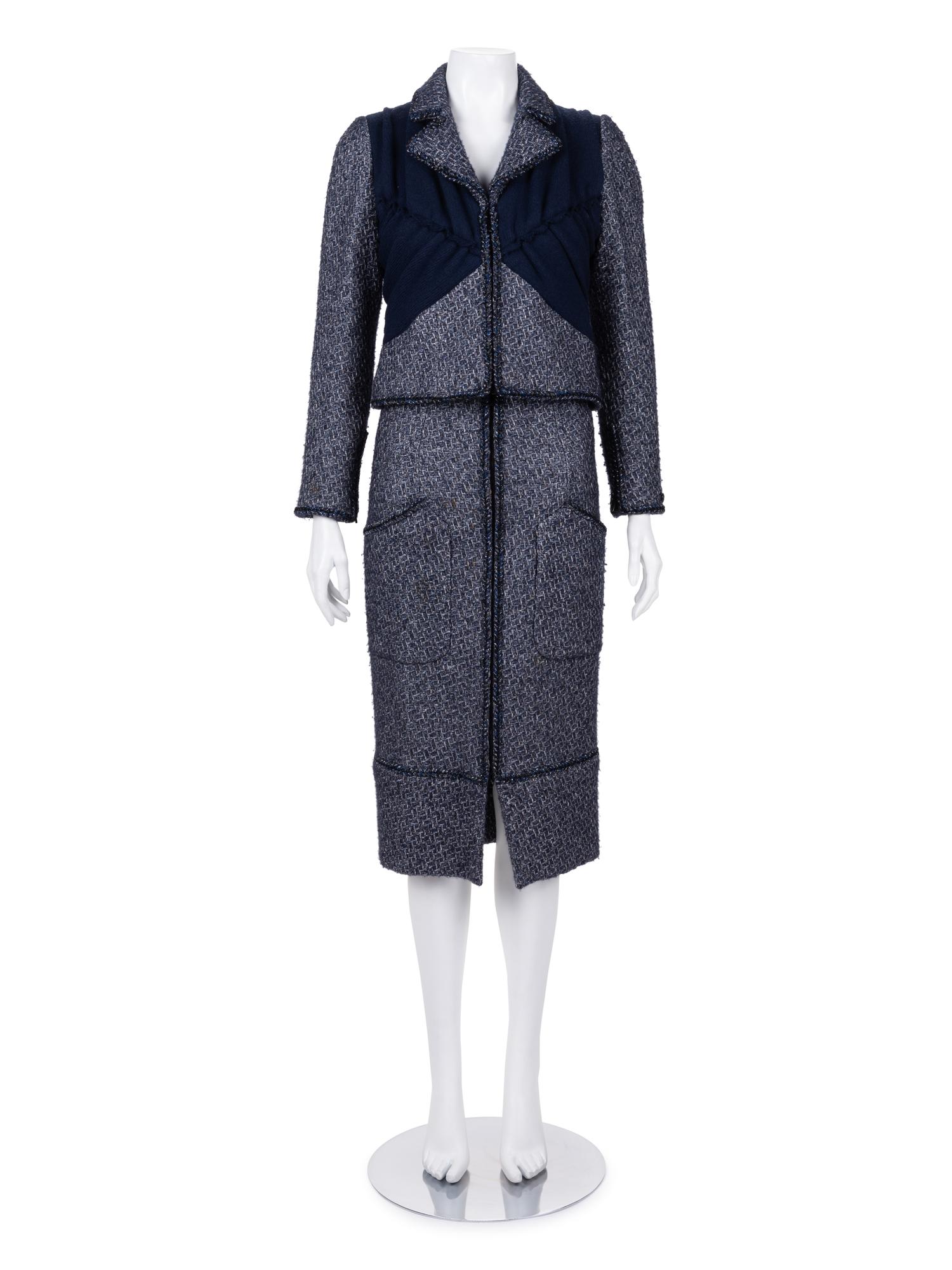 Chanel Blue and Gray Tweed Skirt Suit with Braid Detail, c. 2015
