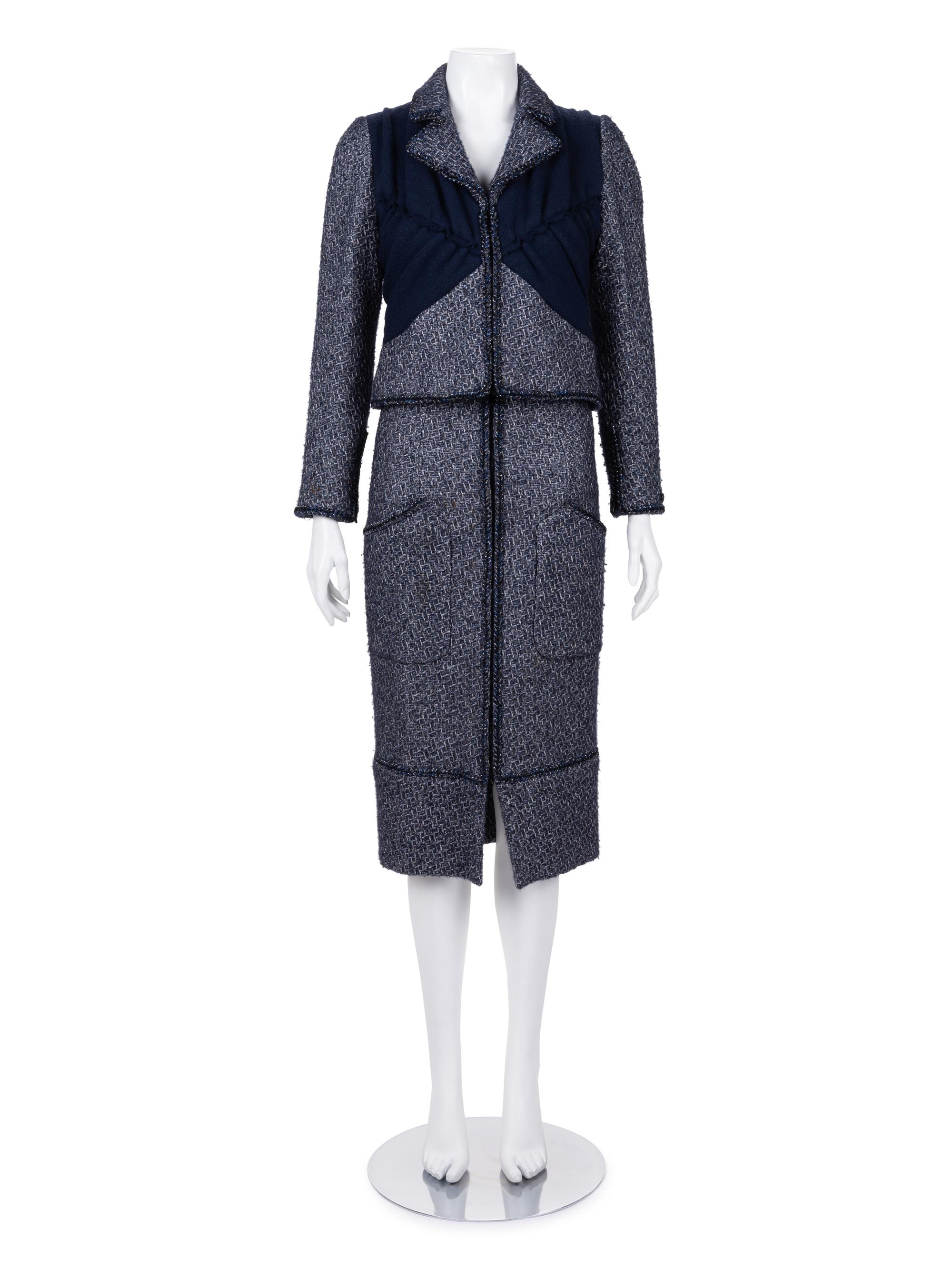 Chanel Blue and Gray Tweed Skirt Suit with Braid Detail, c. 2015