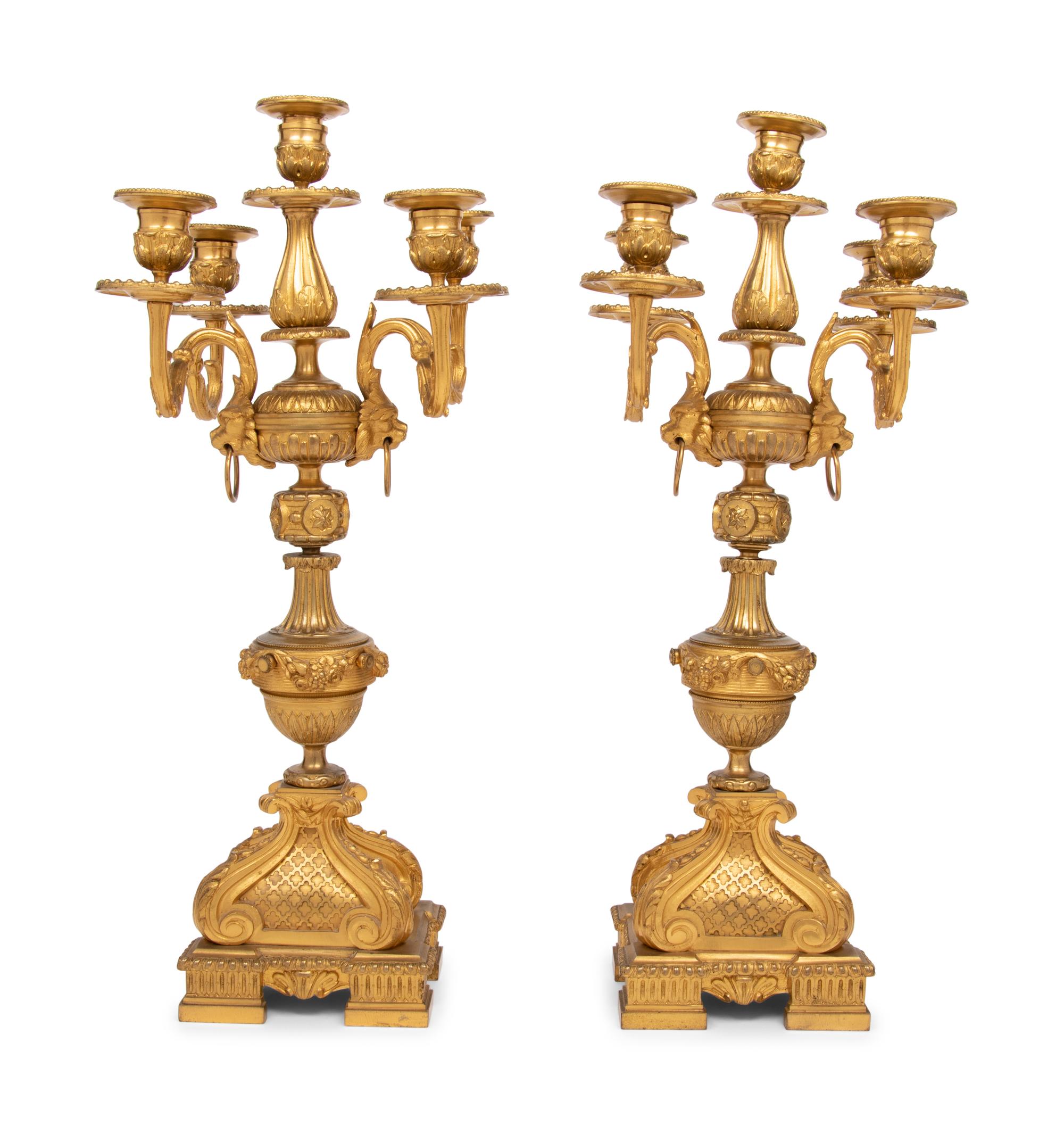 A Pair of Napoleon III Gilt Bronze Five-Light Candelabra