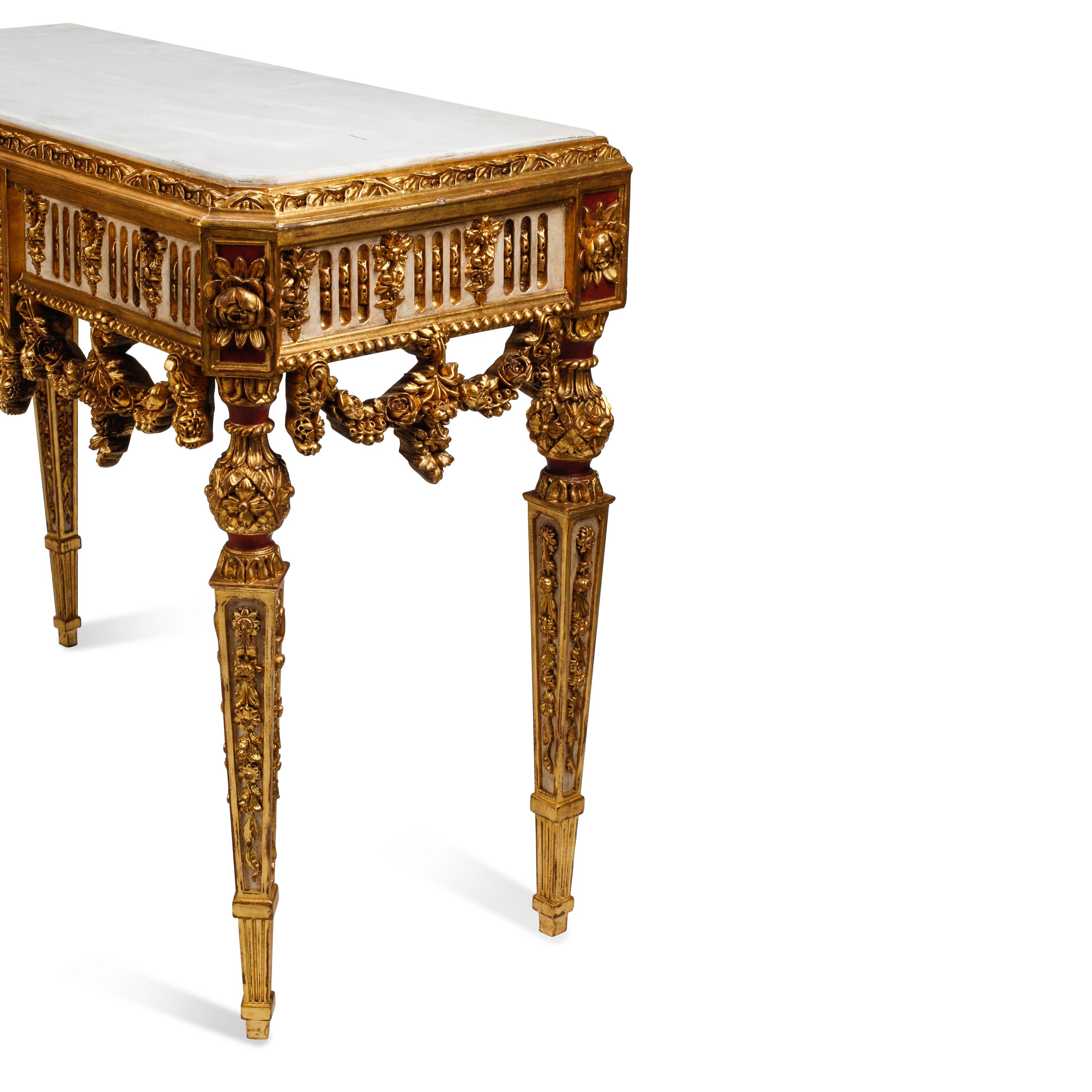 A Pair of Italian Neoclassical Style Giltwood Marble-Top Console Tables