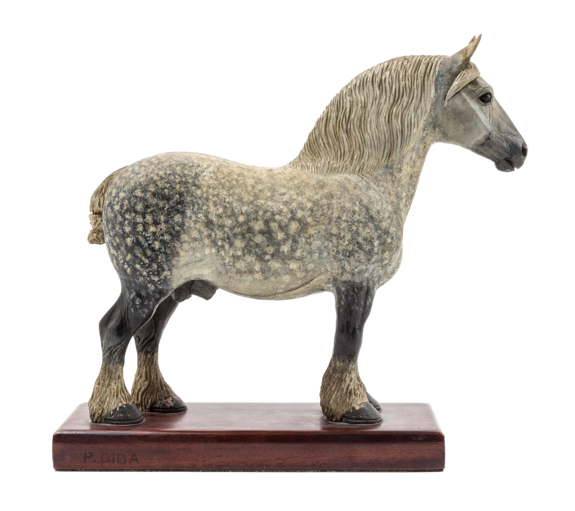 A Carved and Painted Wood Figure of a Percheron Horse Height 12 1/8 inches. — PETER GIBA, 20TH CENTURY