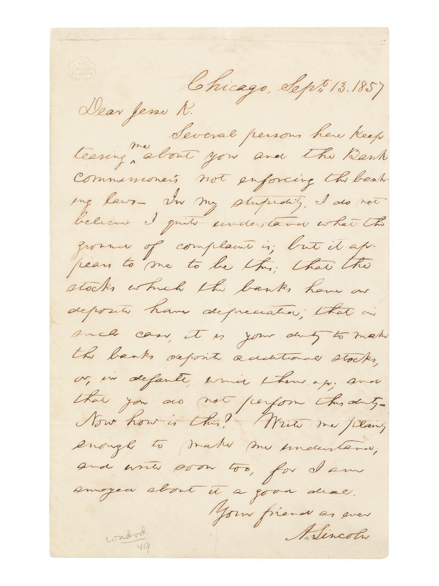 LINCOLN, Abraham (1809-1865). Autograph letter signed ("A Lincoln") to Jesse K. Dubois. Chicago, 13 September 1857.