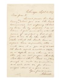 LINCOLN, Abraham (1809-1865). Autograph letter signed ("A Lincoln") to Jesse K. Dubois. Chicago, 13 September 1857.