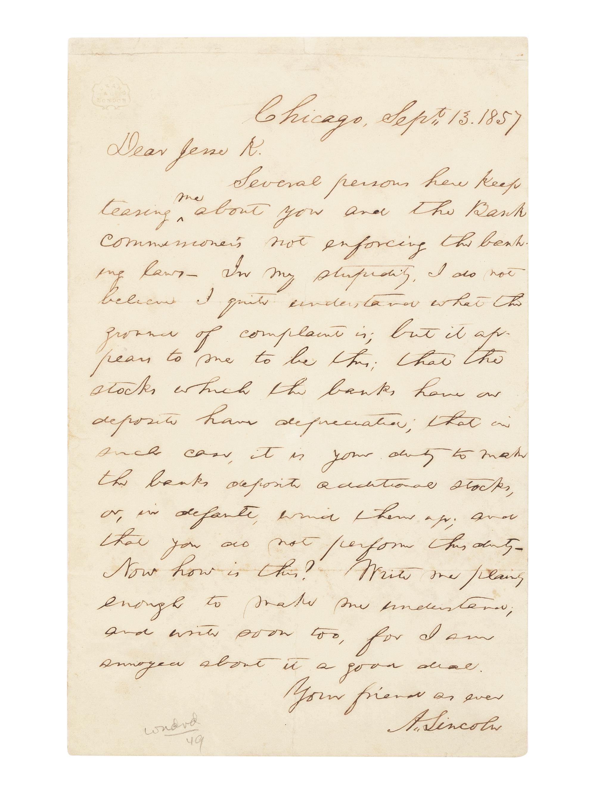 LINCOLN, Abraham (1809-1865). Autograph letter signed ("A Lincoln") to Jesse K. Dubois. Chicago, 13 September 1857.