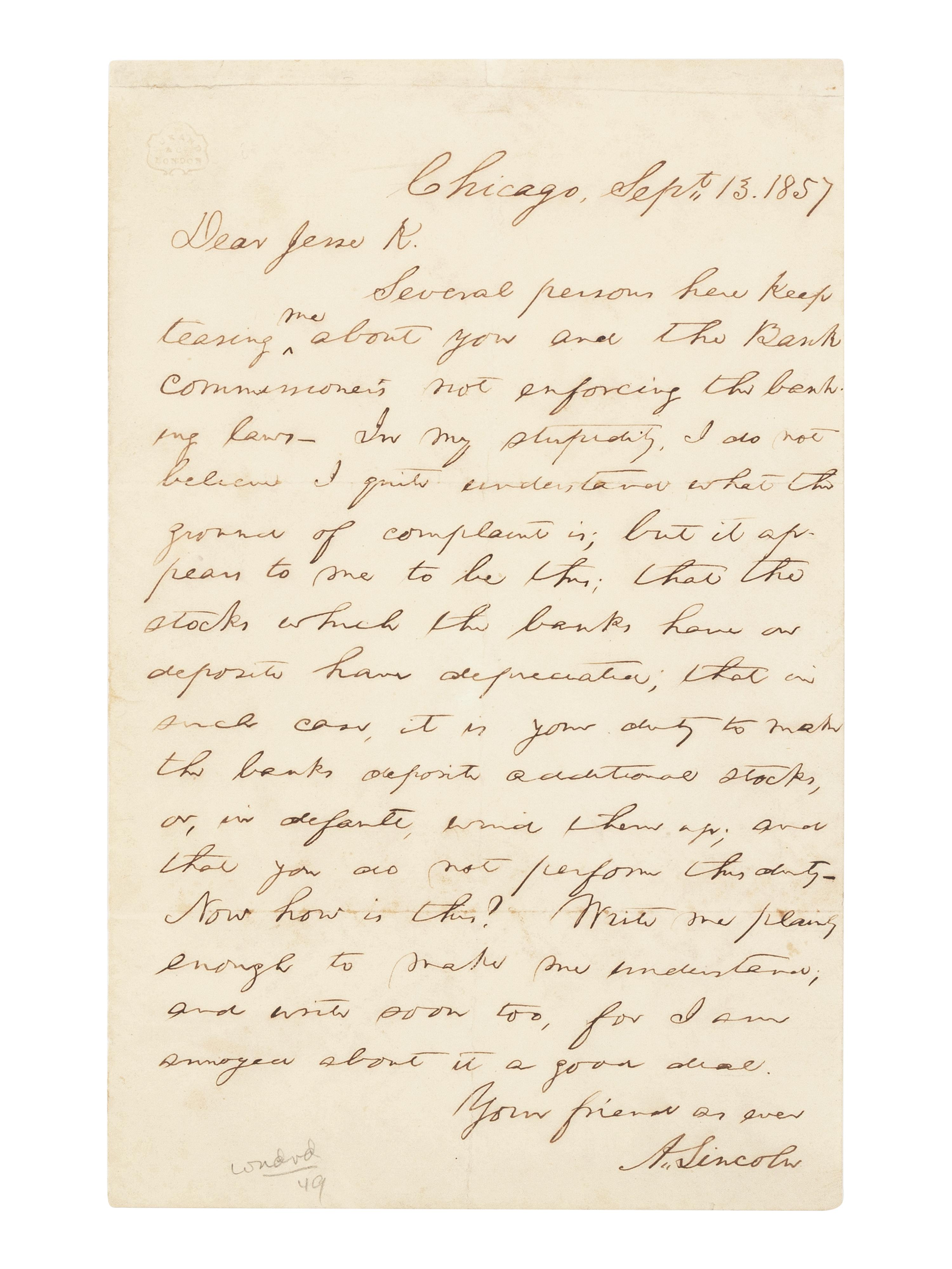 LINCOLN, Abraham (1809-1865). Autograph letter signed ("A Lincoln") to Jesse K. Dubois. Chicago, 13 September 1857.