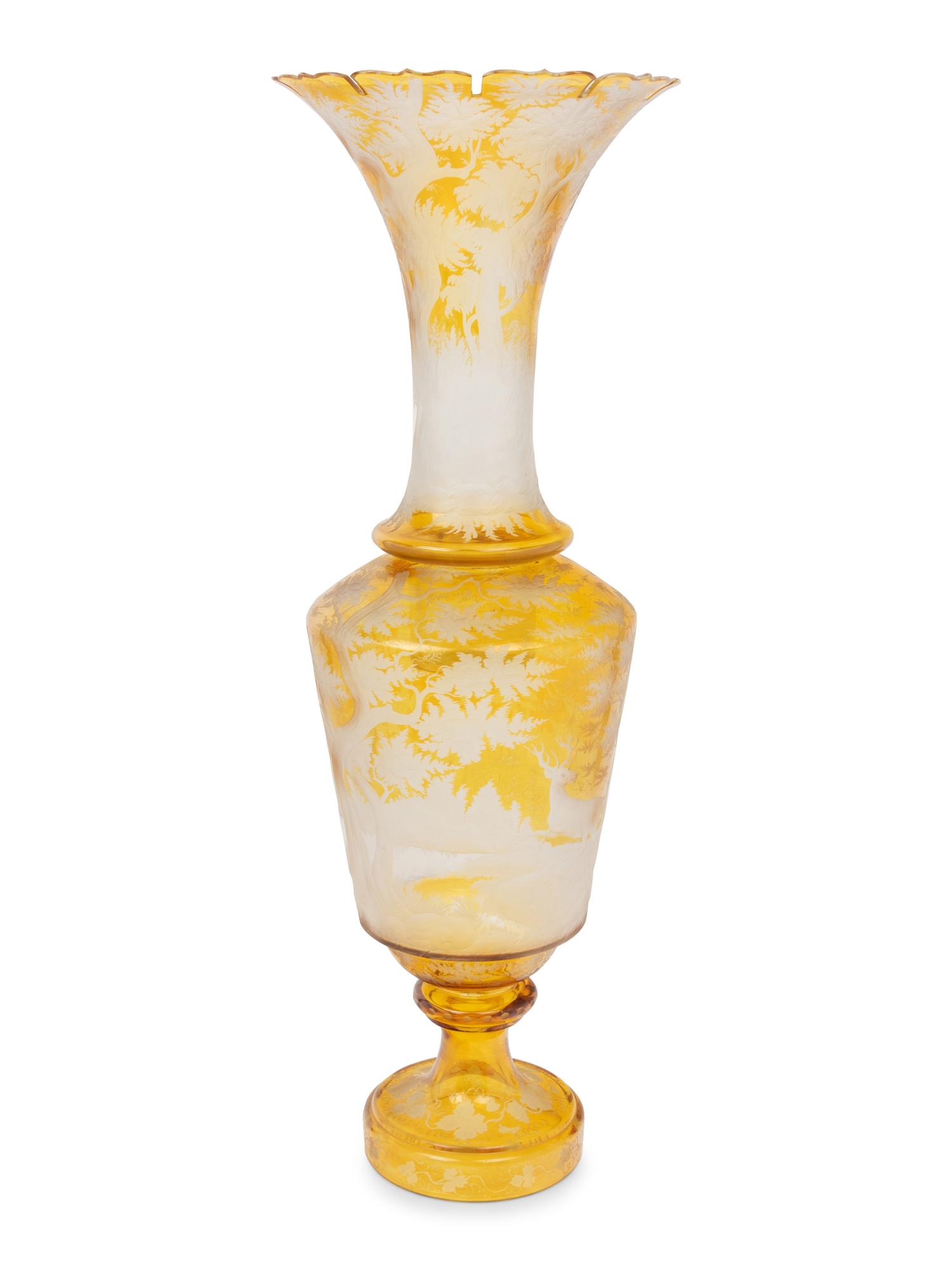 A Large Czech Amber Cut-to-Clear Glass Vase and Stand