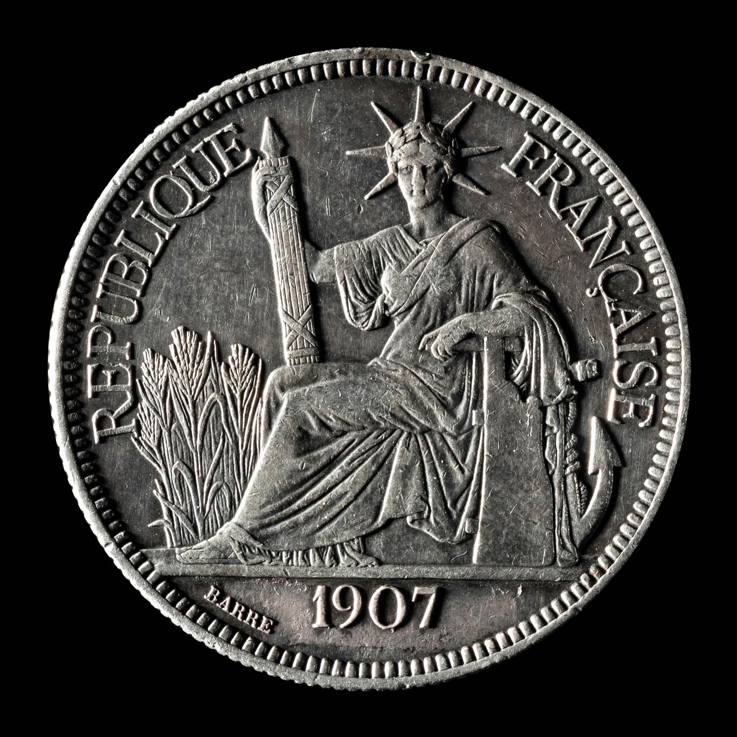 A French Indochina 1907-A Piastre de Commerce Silver Coin