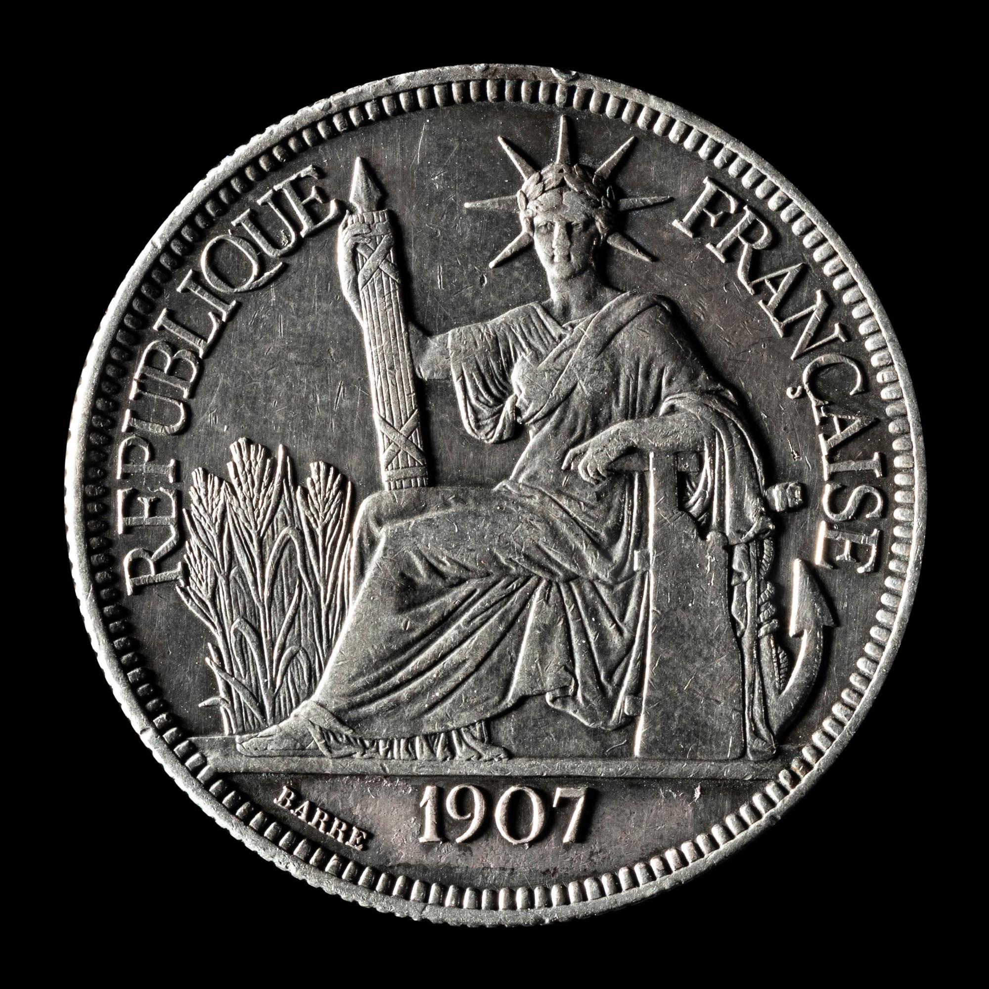 A French Indochina 1907-A Piastre de Commerce Silver Coin