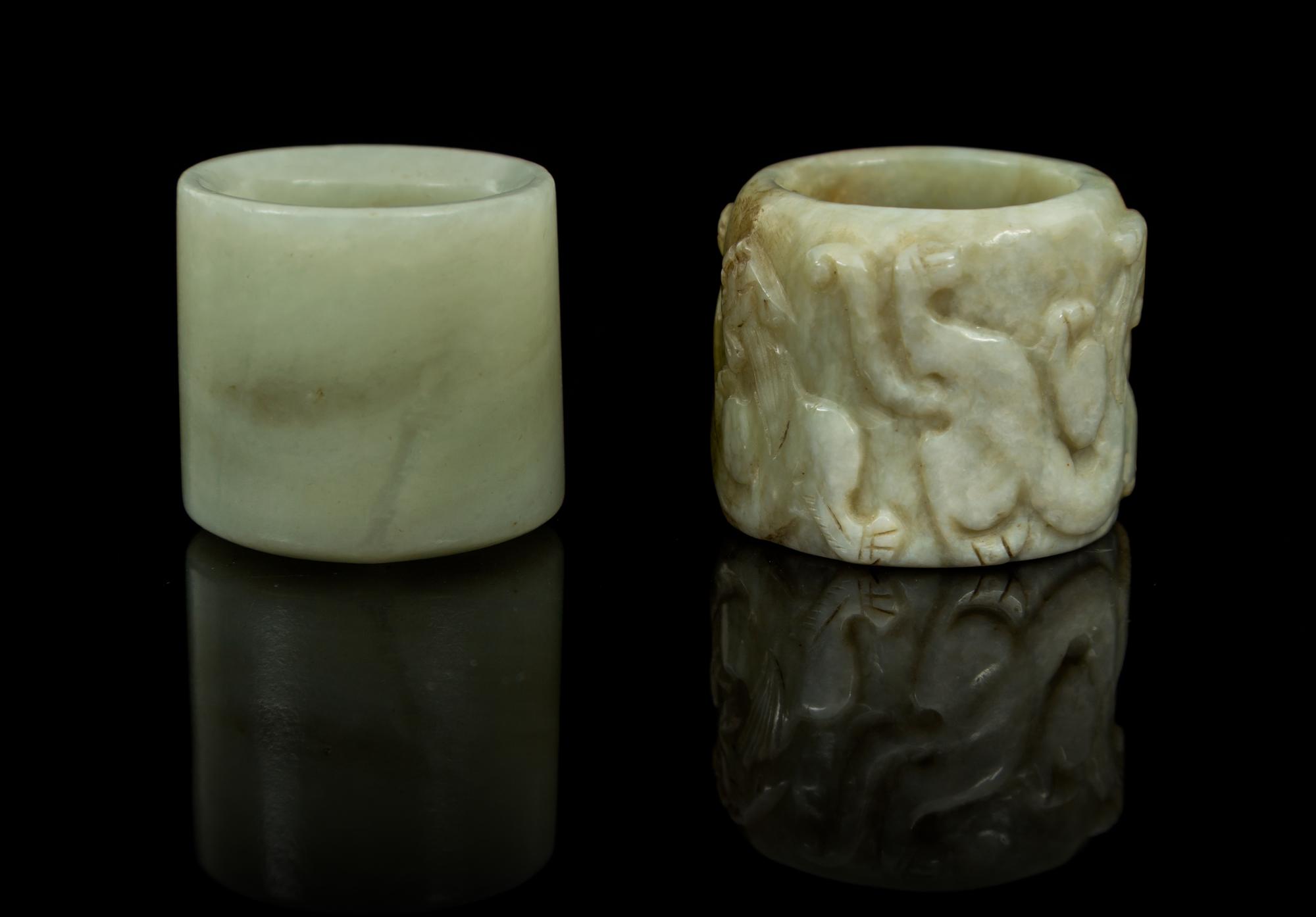 Two Jade Archer's Rings Diameter of first 1 1/8 inches.