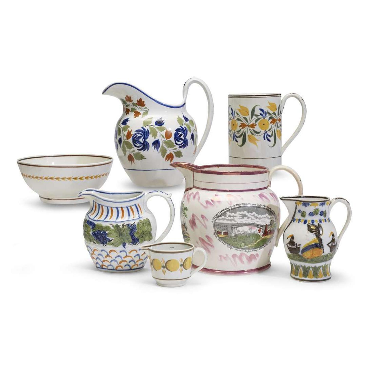 Group of seven pieces of enamel-decorated Staffordshire pearlware and prattware English, late 18th/early 19th century