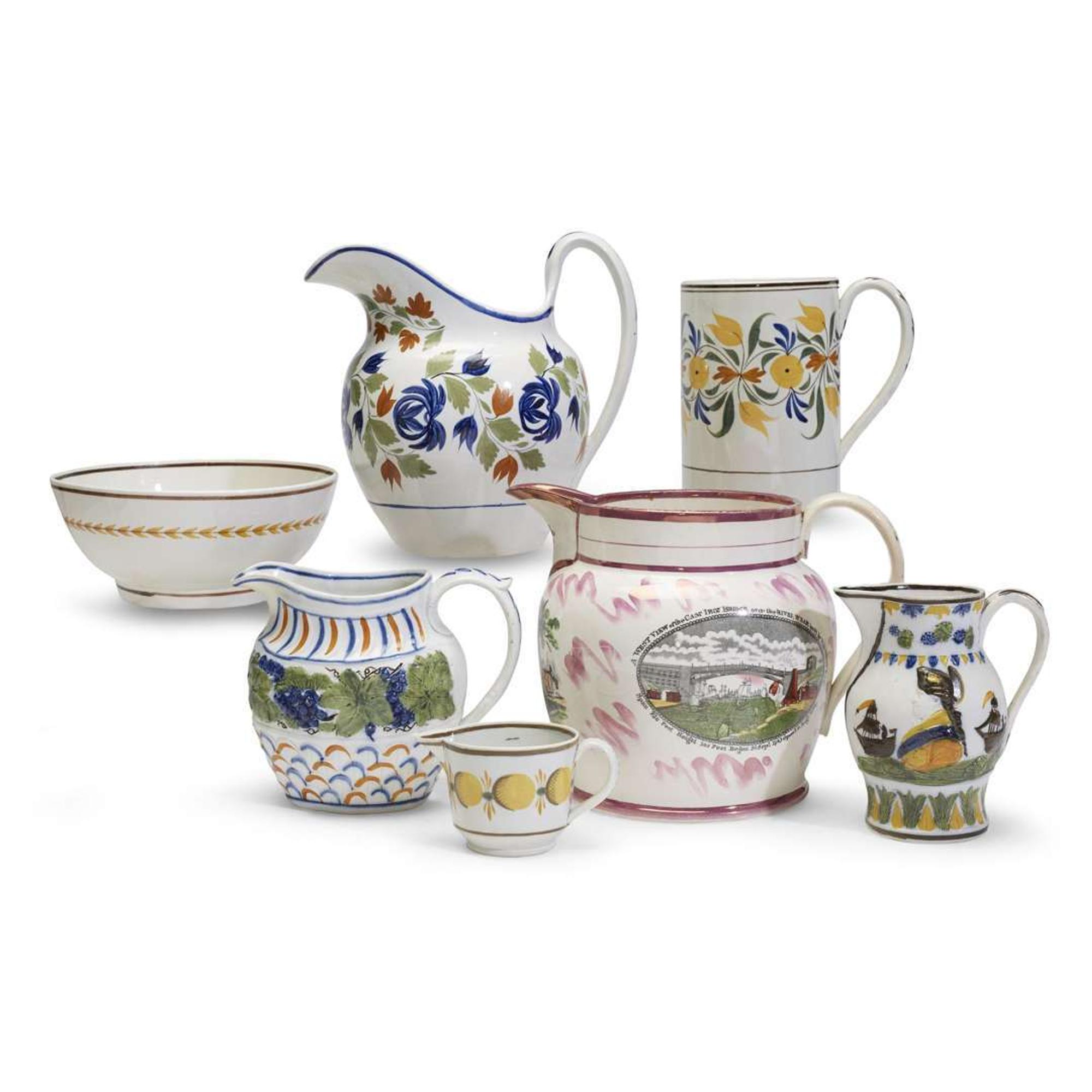 Group of seven pieces of enamel-decorated Staffordshire pearlware and prattware English, late 18th/early 19th century