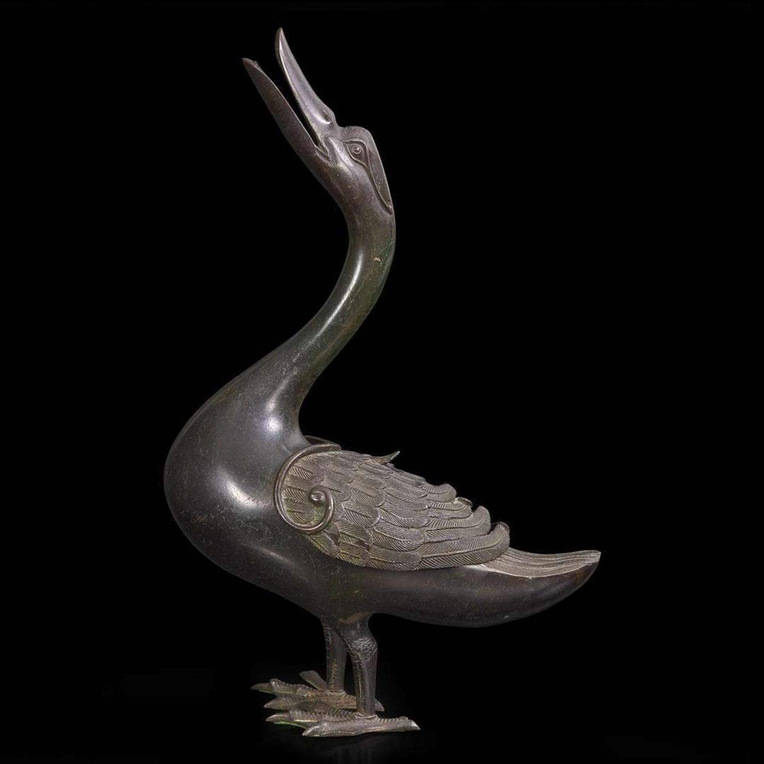 A patinated bronze goose-form incense burner 铜加漆鹅形香炉一件 Late 18th to 19th century ???????????