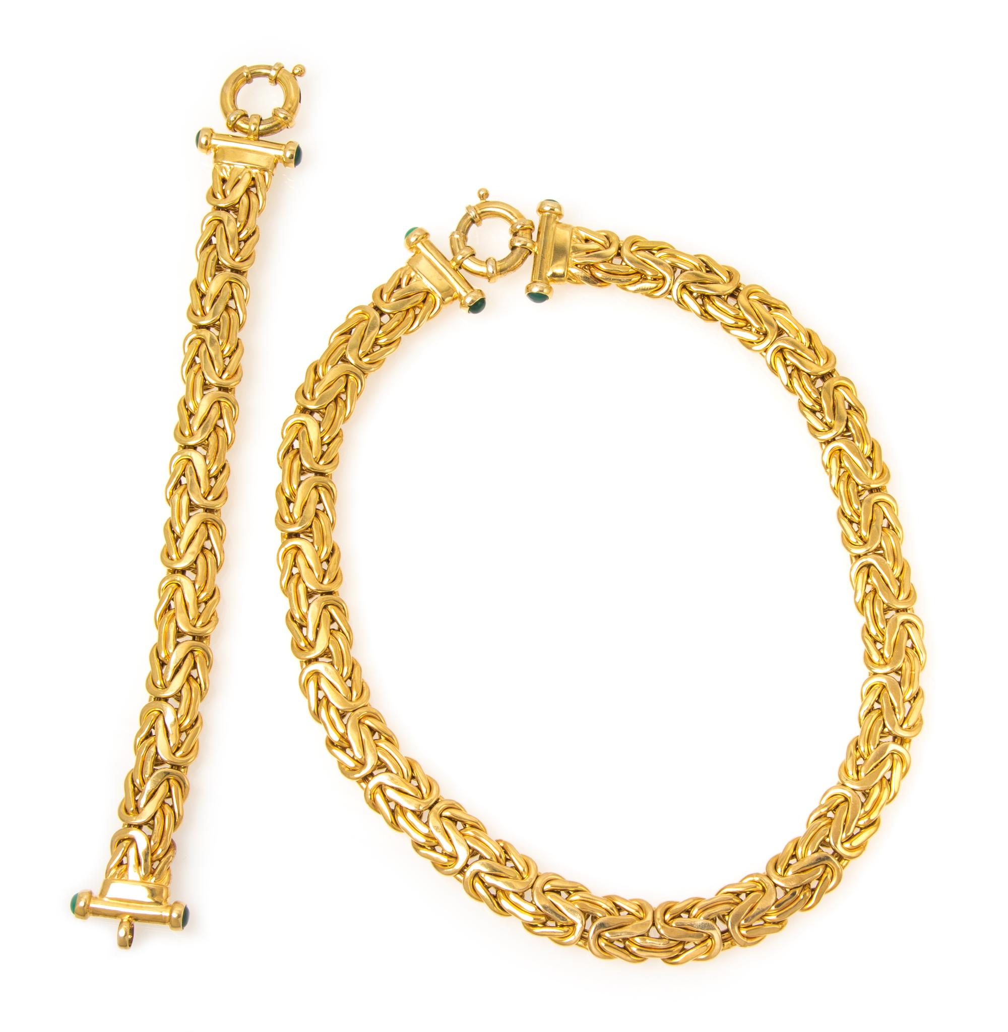 A 14 Karat Yellow Gold and Chrysoprase Demi Parure, 77.20 dwts.