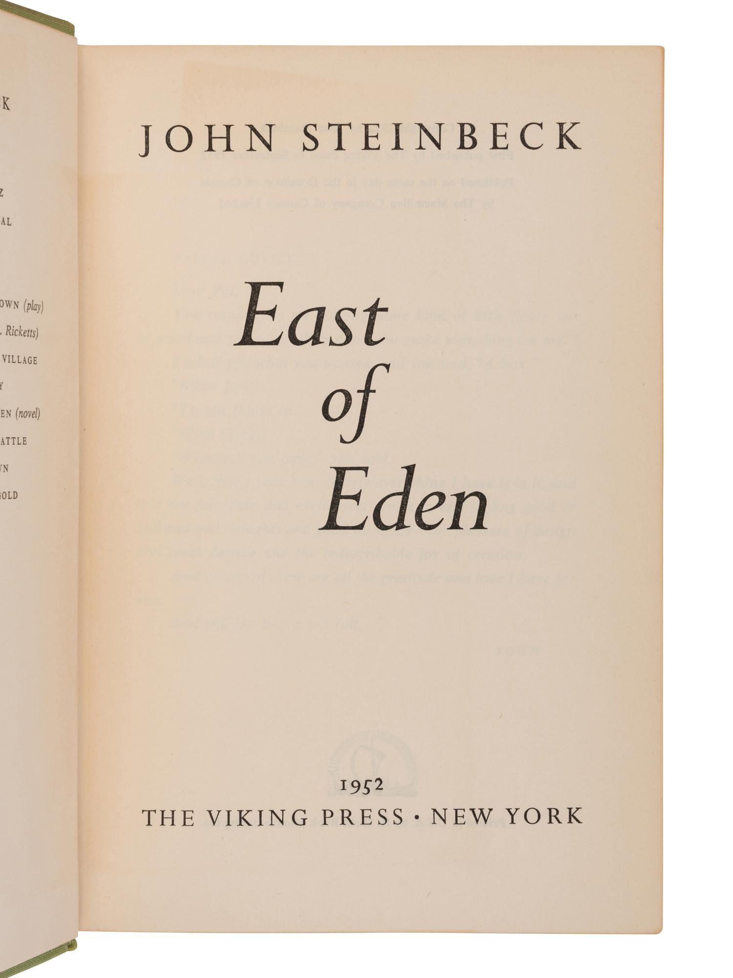 STEINBECK, John (1902-1968). East of Eden . New York: Viking Press, 1952.