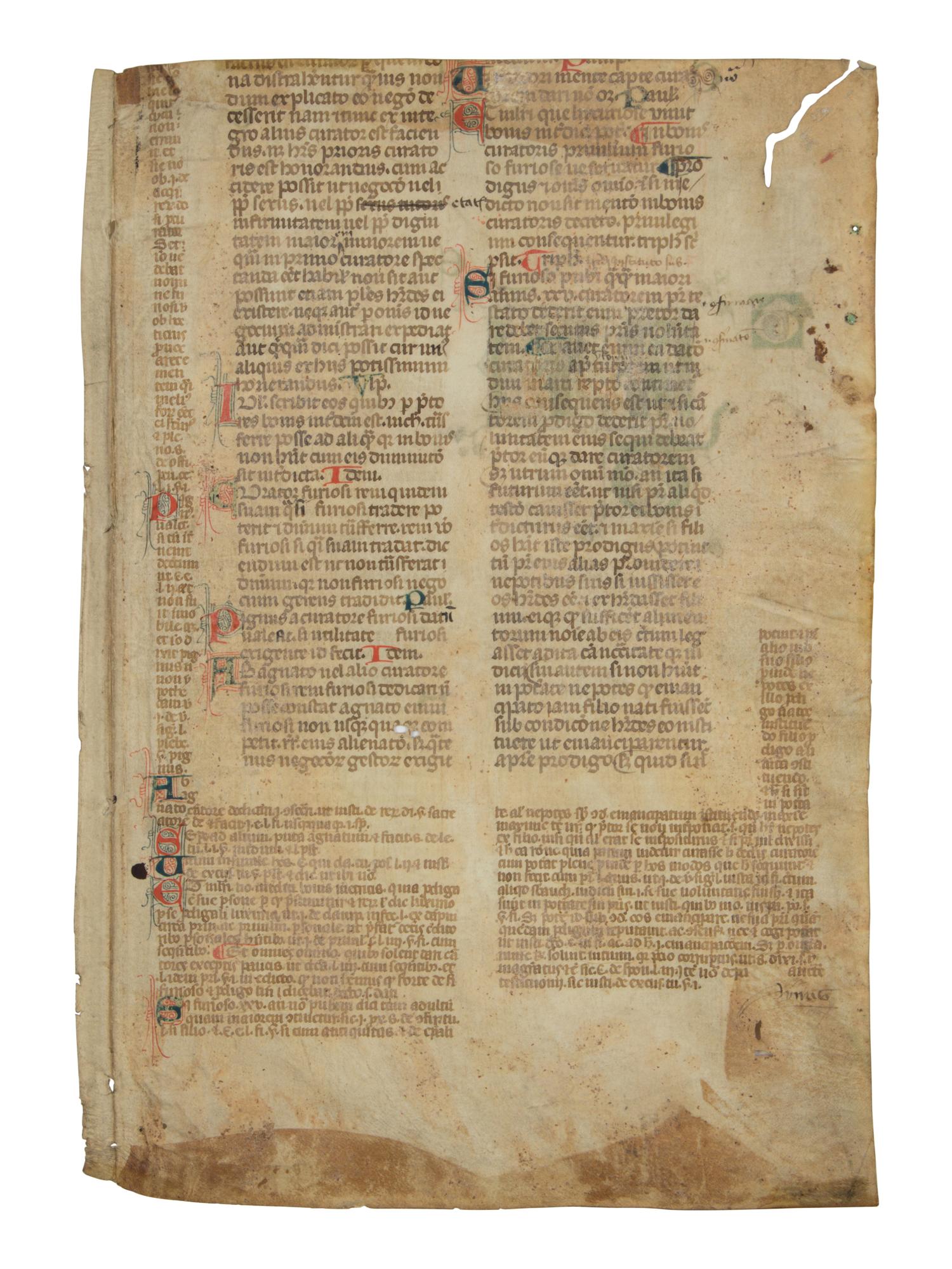 PARIS WORKSHOP Leaf from an illuminated manuscript of Civil Law, with miniature of a witness cross-examined in court, in Latin, illuminated manuscript on parchment [France, probably Paris, c. 1300]