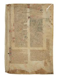 PARIS WORKSHOP Leaf from an illuminated manuscript of Civil Law, with miniature of a witness cross-examined in court, in Latin, illuminated manuscript on parchment [France, probably Paris, c. 1300]