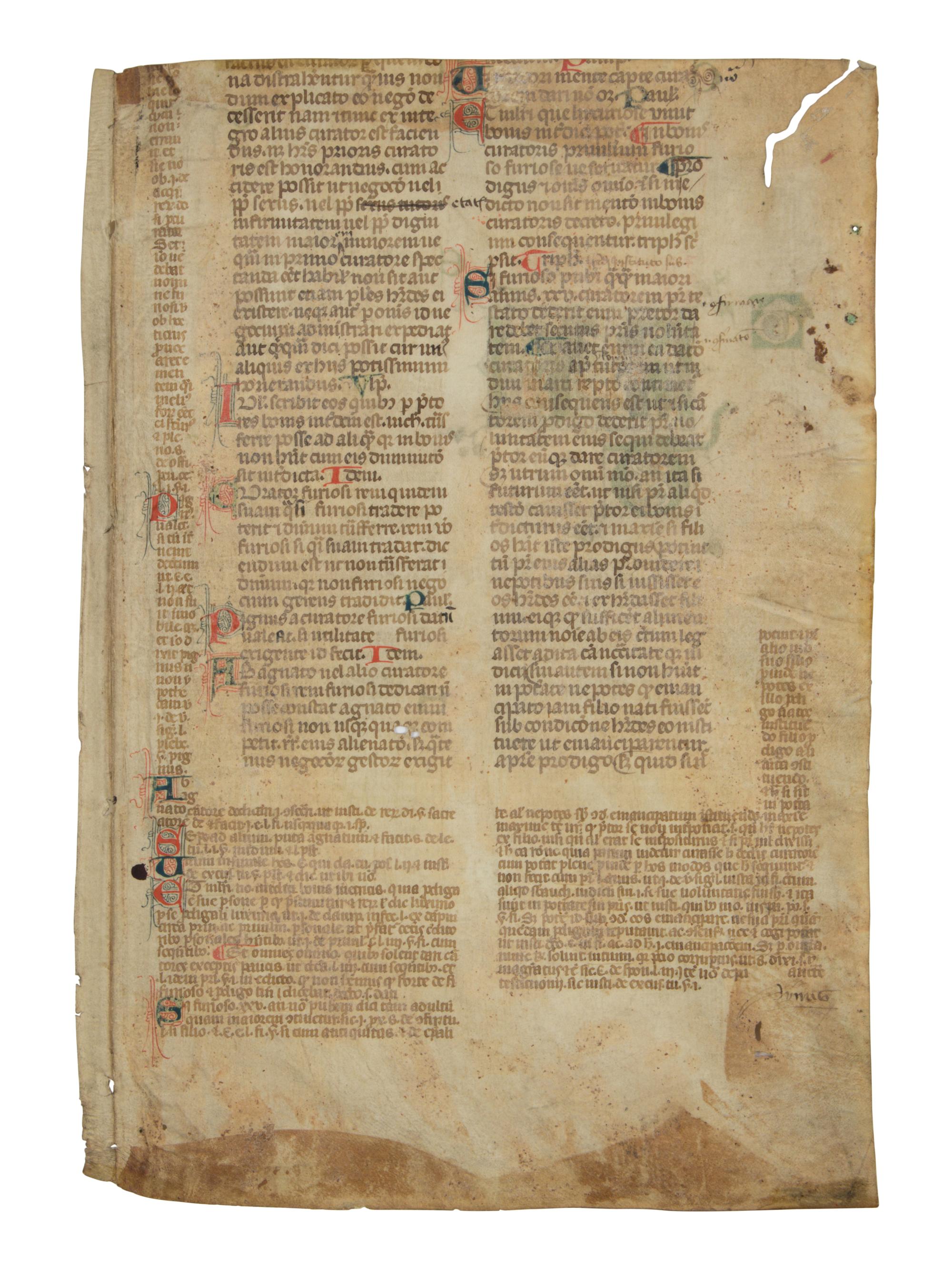 PARIS WORKSHOP Leaf from an illuminated manuscript of Civil Law, with miniature of a witness cross-examined in court, in Latin, illuminated manuscript on parchment [France, probably Paris, c. 1300]