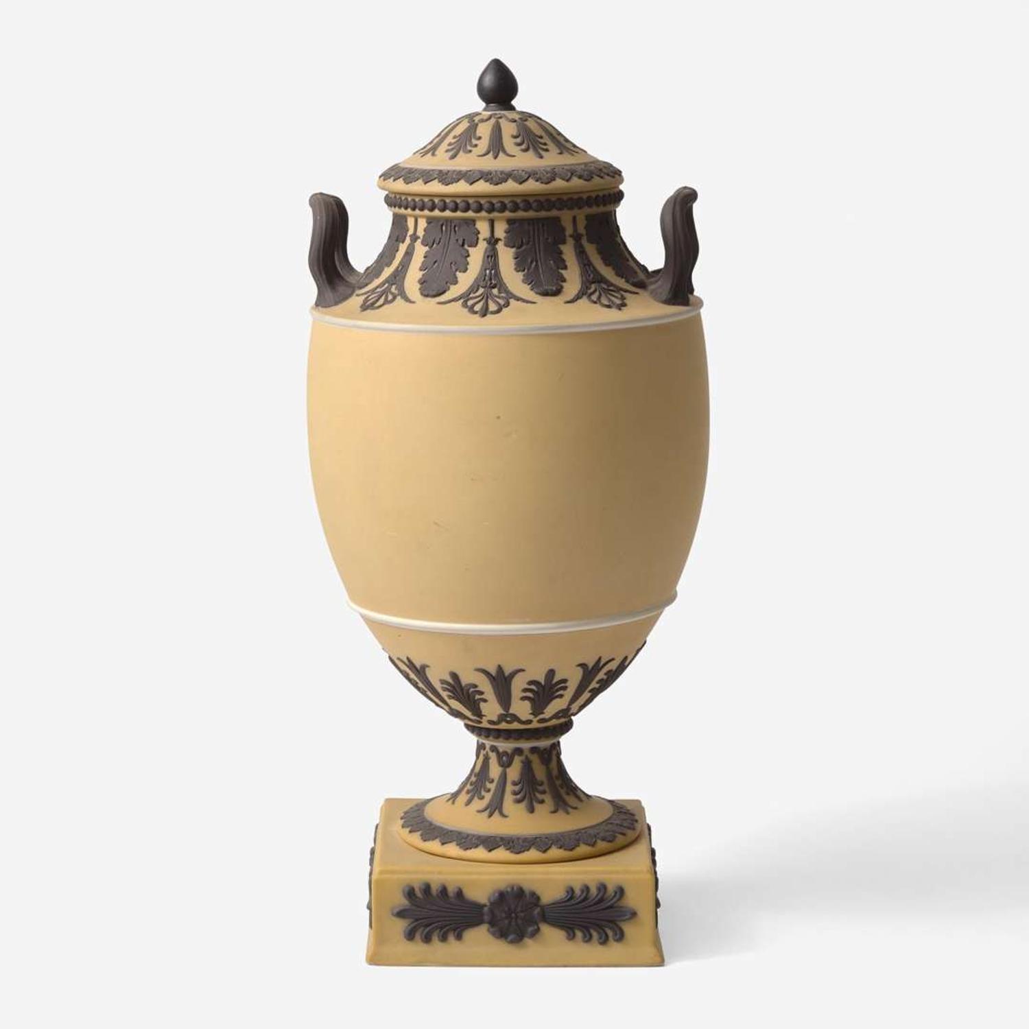 A Wedgwood Buff Yellow Dip and Solid Black Jasperware Vase and Cover UK, circa 1880