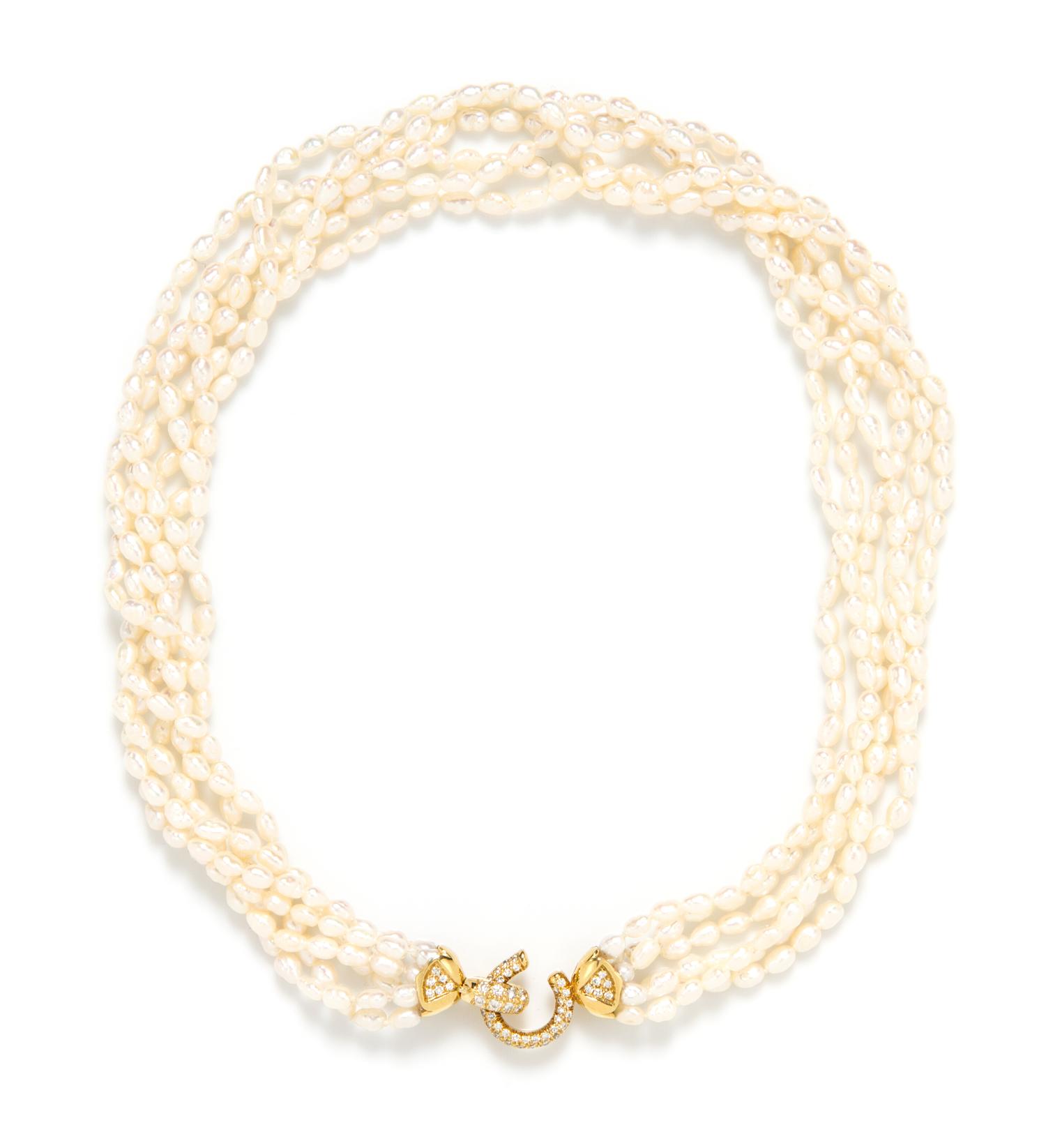 An 18 Karat Yellow Gold, Diamond and Keshi Pearl Multistrand Torsade Necklace, Italian,