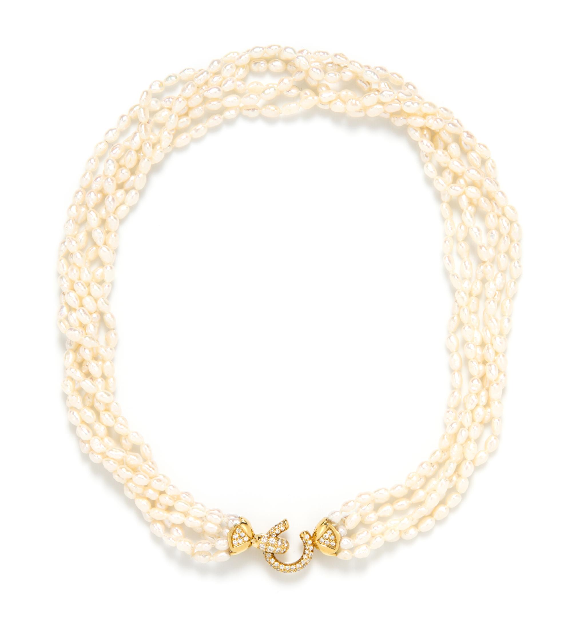 An 18 Karat Yellow Gold, Diamond and Keshi Pearl Multistrand Torsade Necklace, Italian,