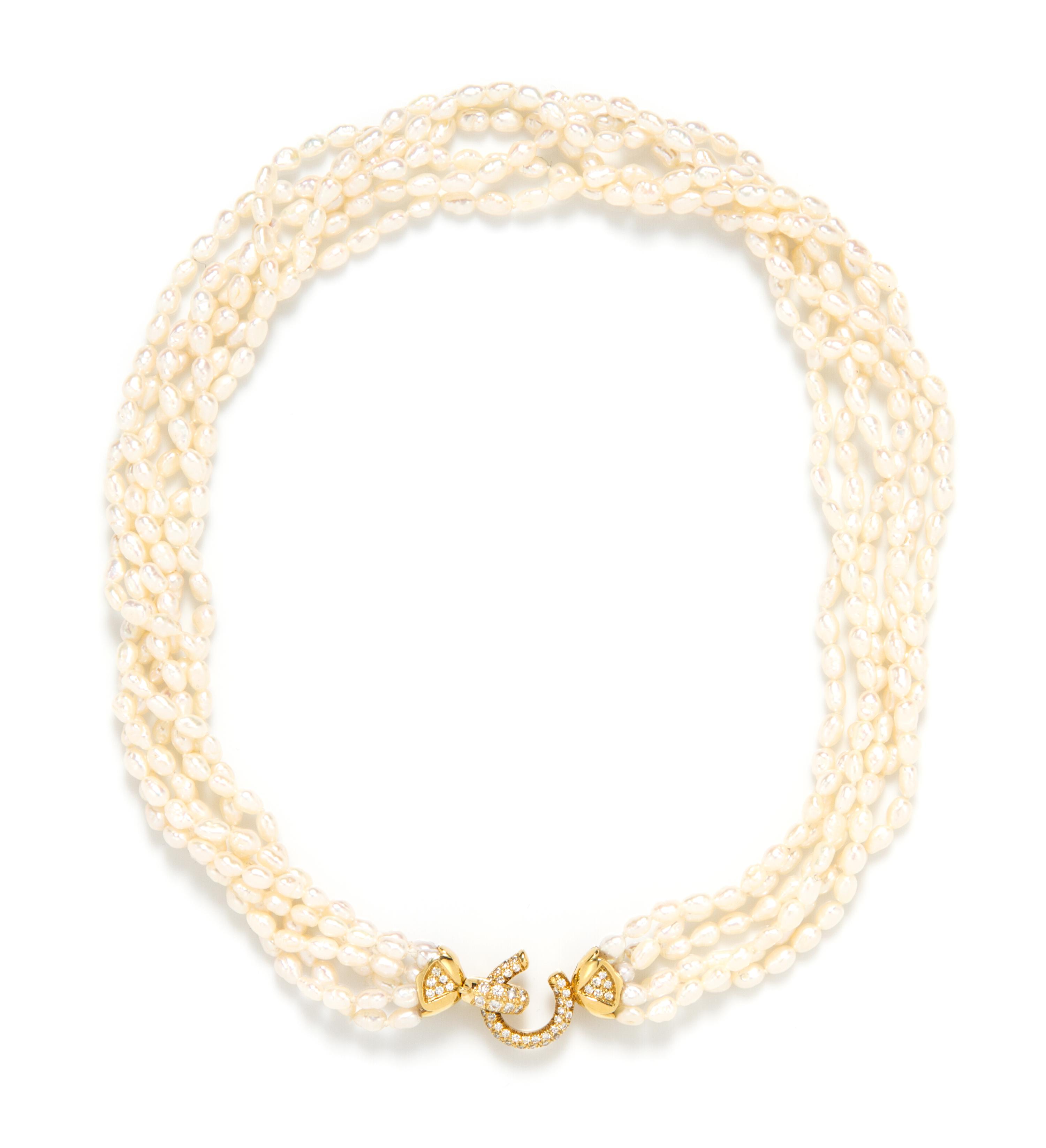 An 18 Karat Yellow Gold, Diamond and Keshi Pearl Multistrand Torsade Necklace, Italian,